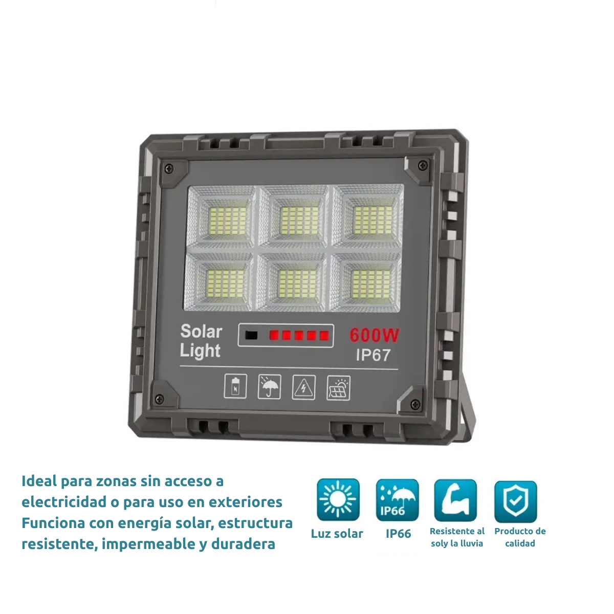 Una luz solar, forma cuadrada, gris con luces LED. Texto: 'Solar Light 600W IP67'.
