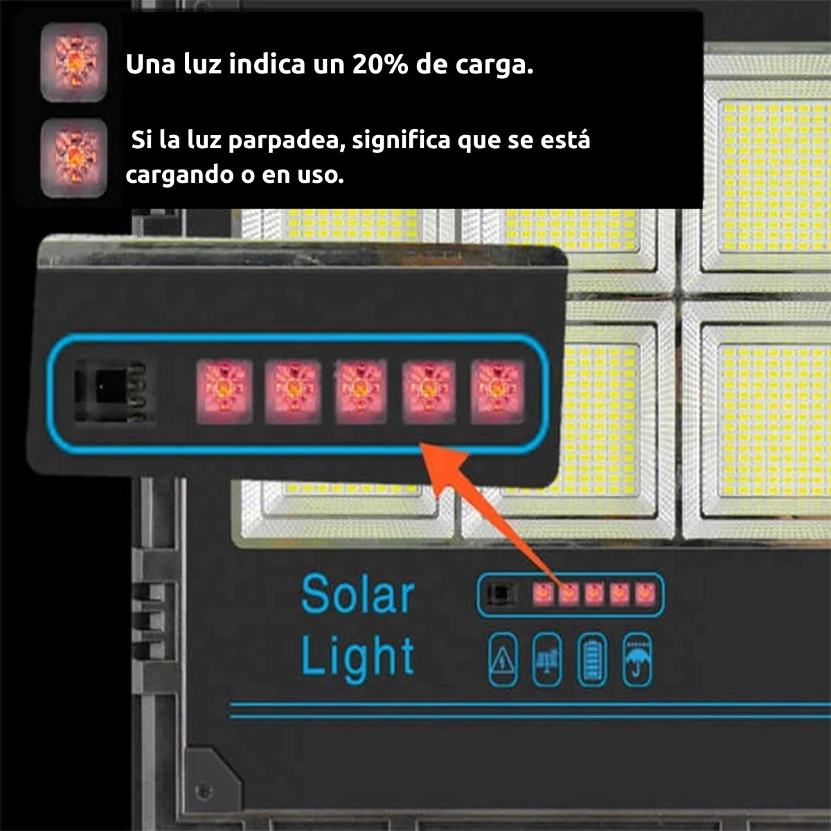 Un primer plano de una luz solar que muestra indicadores. Tiene un indicador de carga y un indicador de luz.