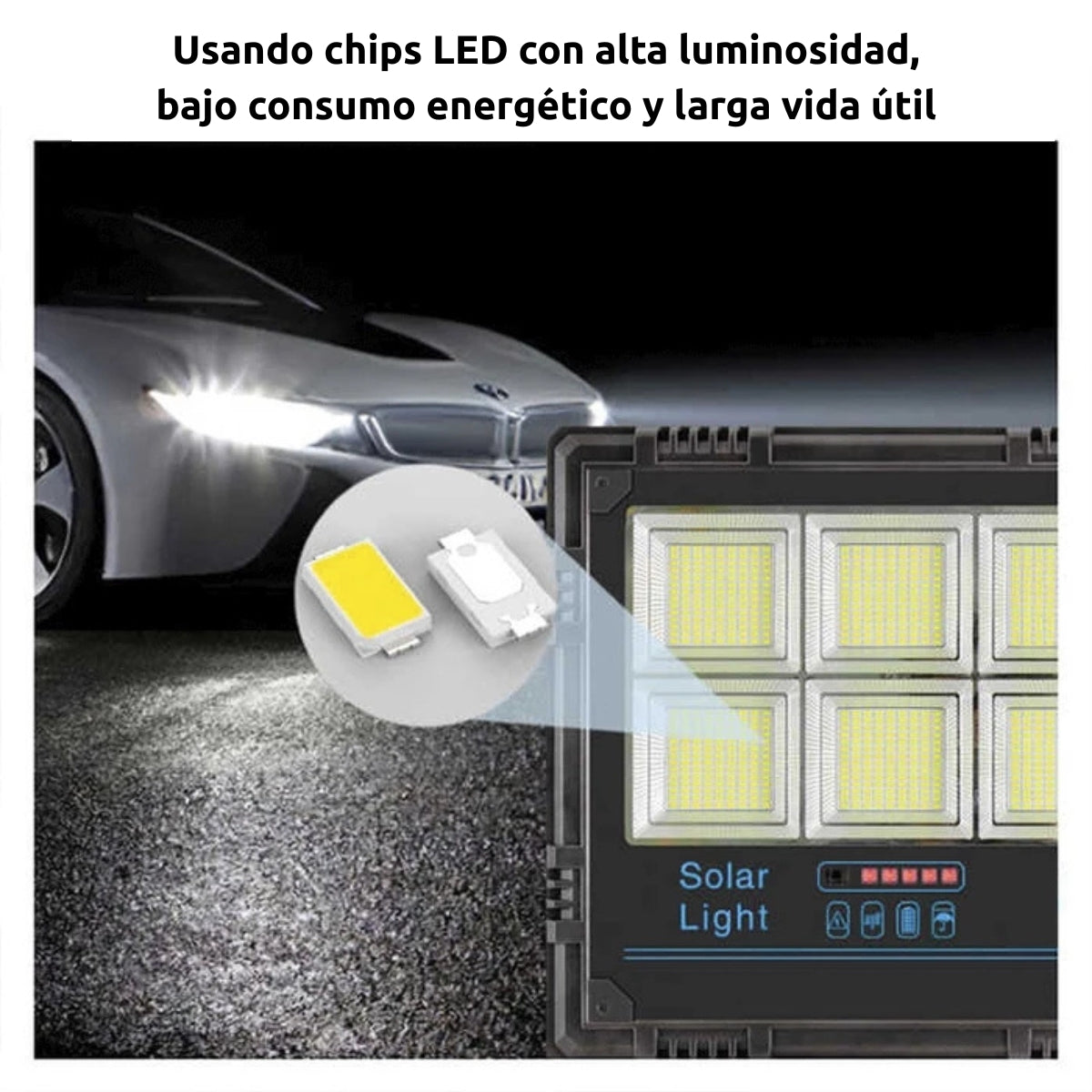 Una luz solar con chips LED se muestra en un ambiente oscuro. La luz es rectangular y negra.