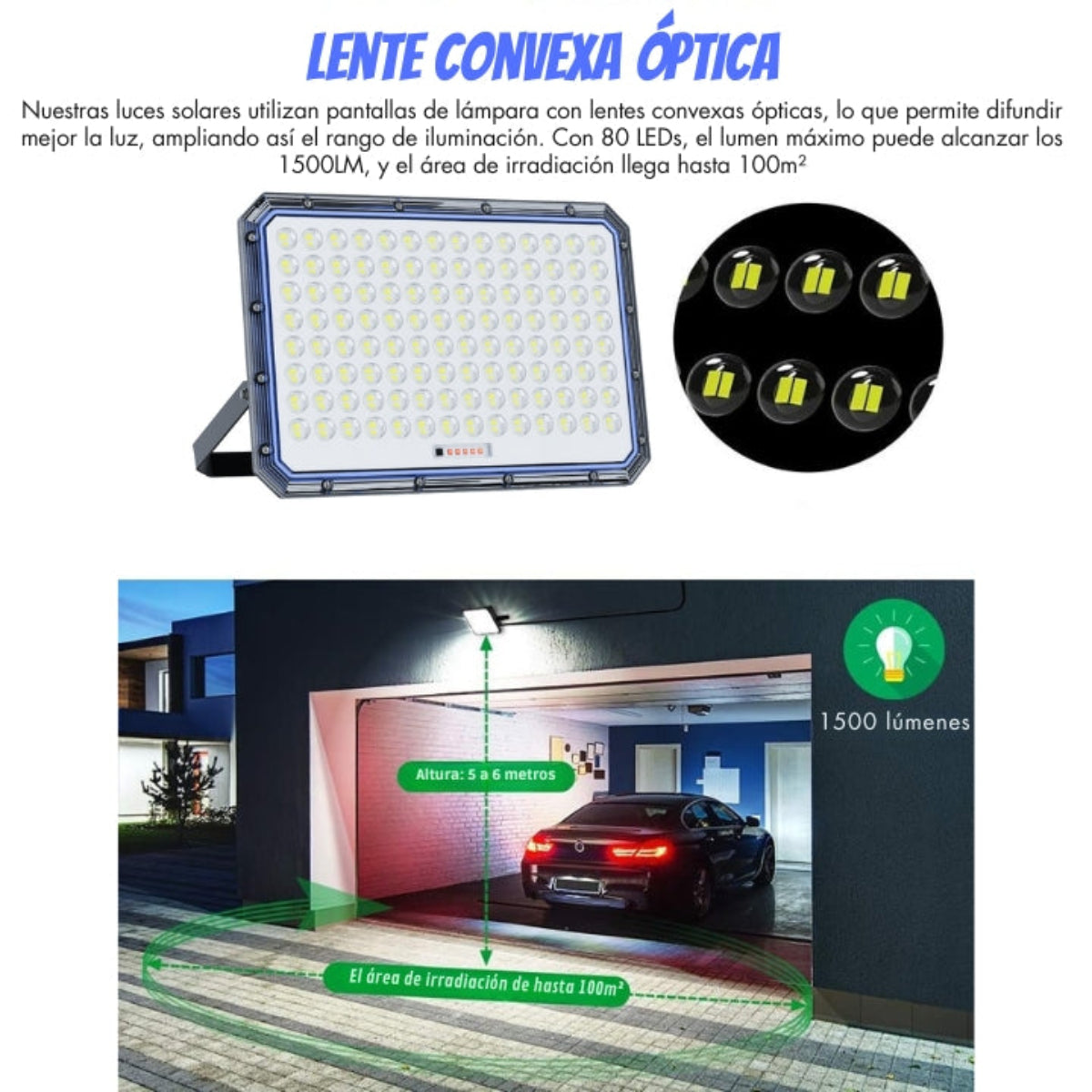 Pannello solare con LED. È configurato come un proiettore con un'area di 100m².