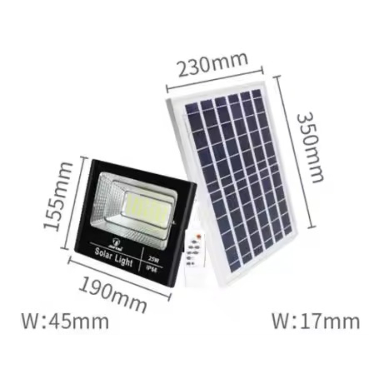 Un panel solar con una luz solar negra al lado. Las dimensiones están etiquetadas en la imagen.