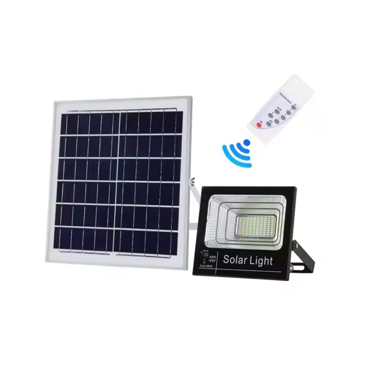 Panel solar y luz con mando a distancia sobre fondo blanco. La luz tiene un marco negro.