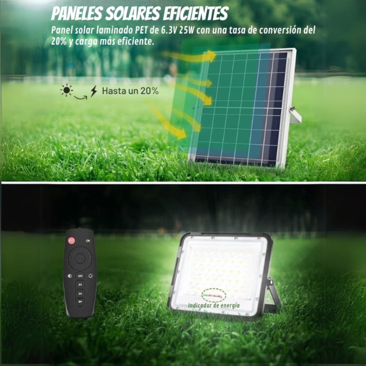 Pannello solare e luce con testo. Il pannello mostra la raccolta solare e la luce con indicatore di energia.
