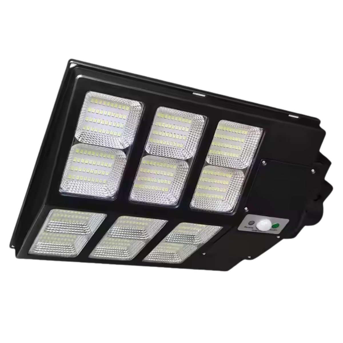 Luce LED nera per esterni con una griglia di luci. Sensore di movimento laterale.