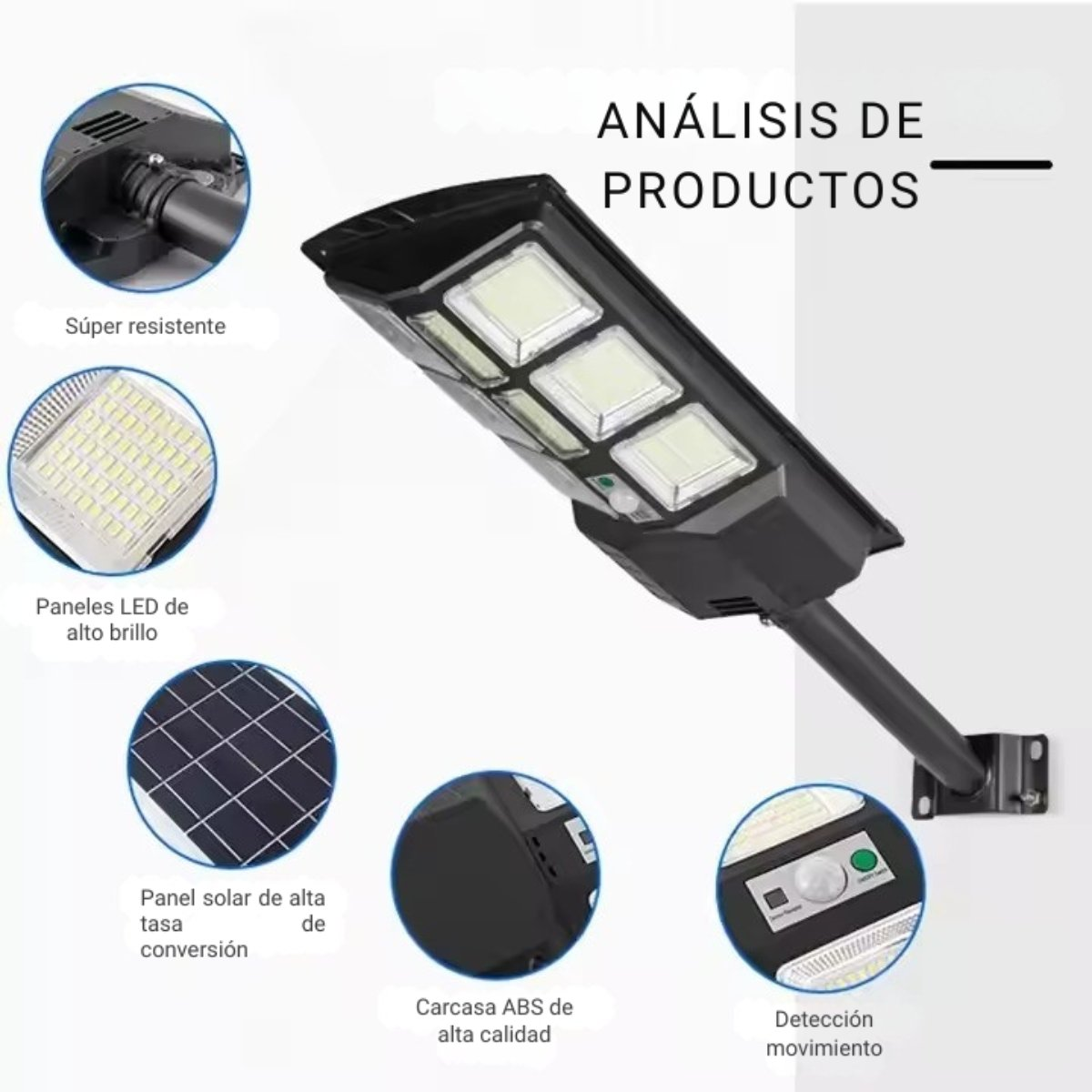 Lampada da esterno a energia solare con varie caratteristiche: pannello solare, luci LED, involucro in ABS.