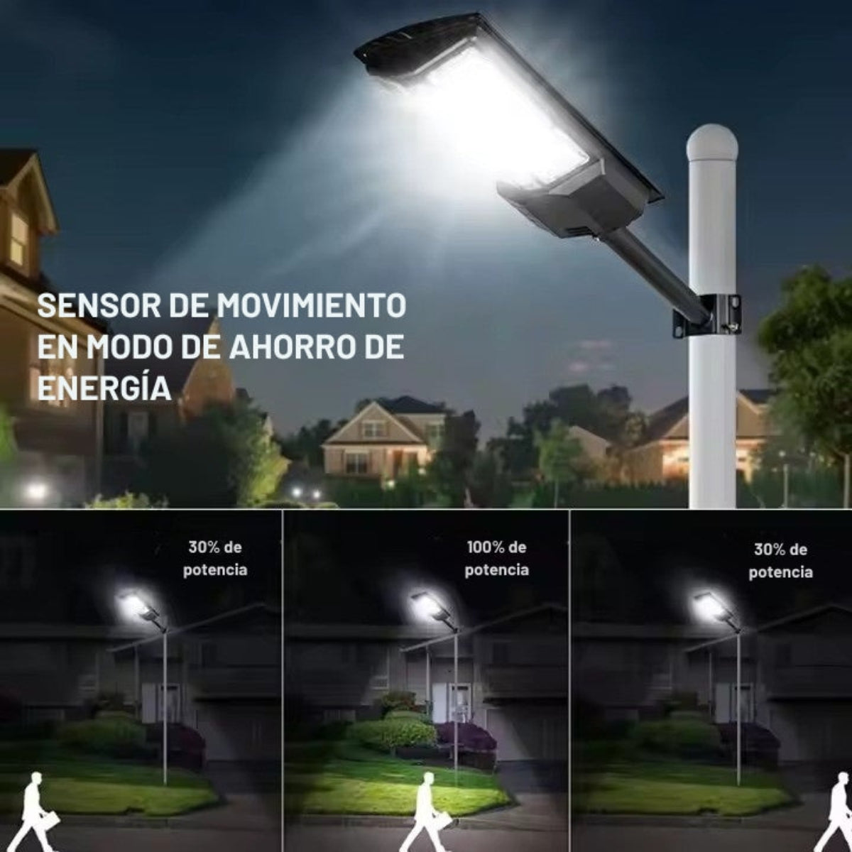 Un lampione con una luce intensa, con testo sulla modalità di risparmio energetico.