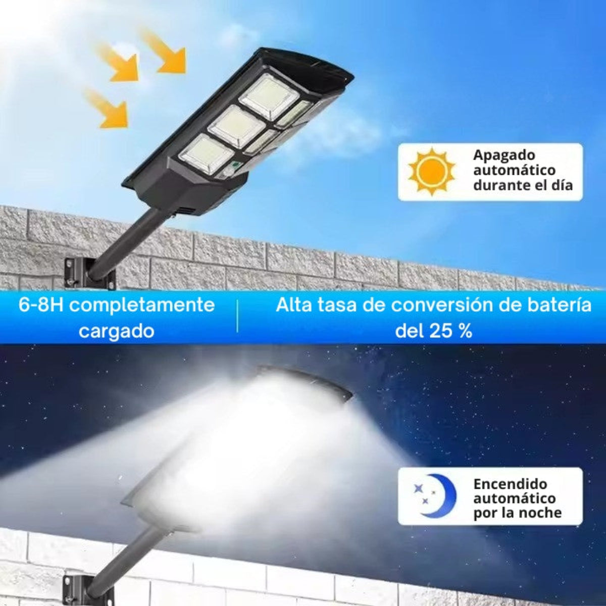Lampione solare, con pannello emettitore di luce e braccio di supporto. Vista diurna e notturna.
