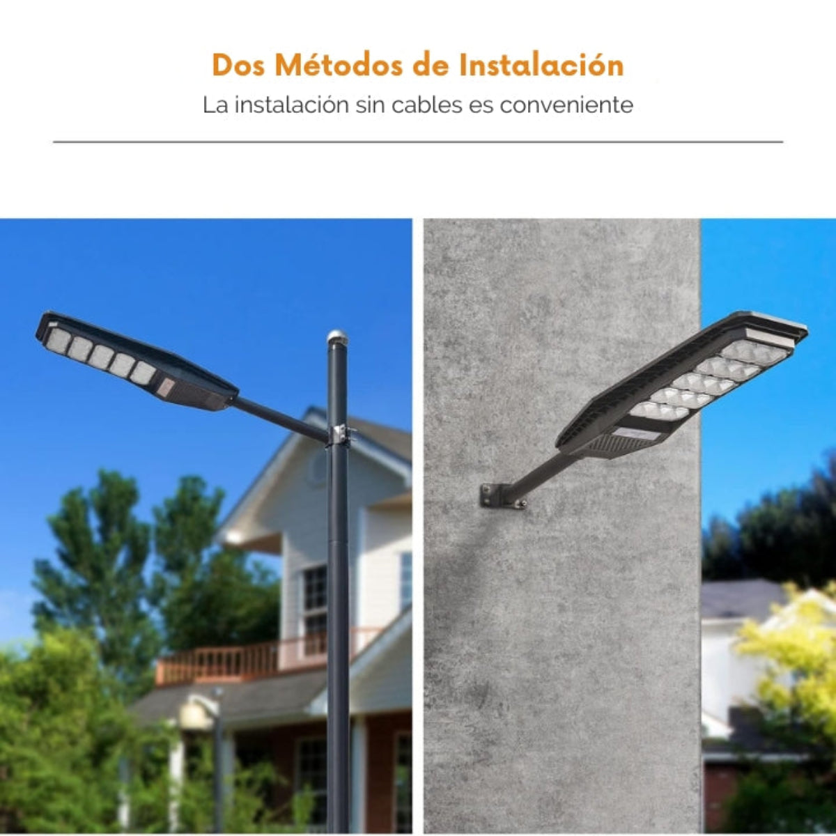 Dos farolas solares sobre un fondo de cielo azul, una montada en un poste y otra en una pared.