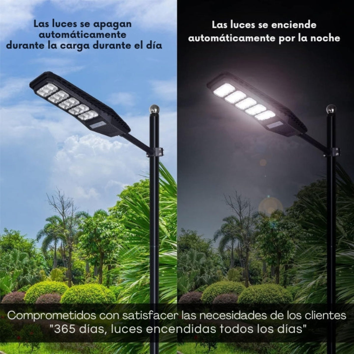 Dos imágenes de farolas. Izquierda: Escena diurna, luces apagadas. Derecha: Escena nocturna, luces encendidas. Texto en español.