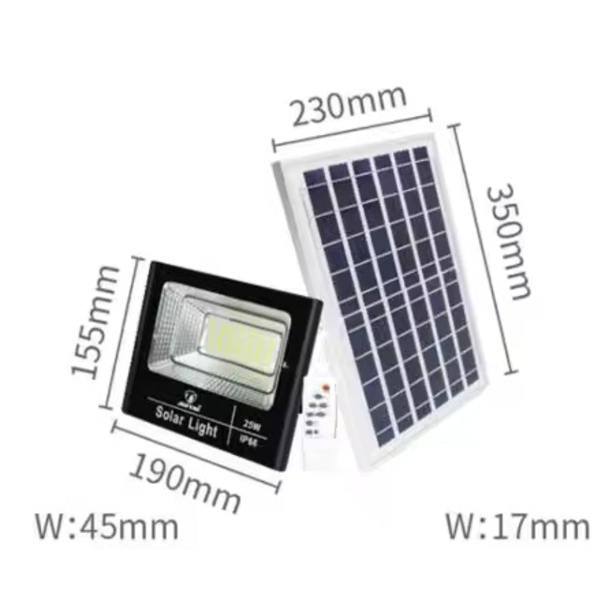Panel solar con un foco al lado, dimensiones en mm, fondo blanco.