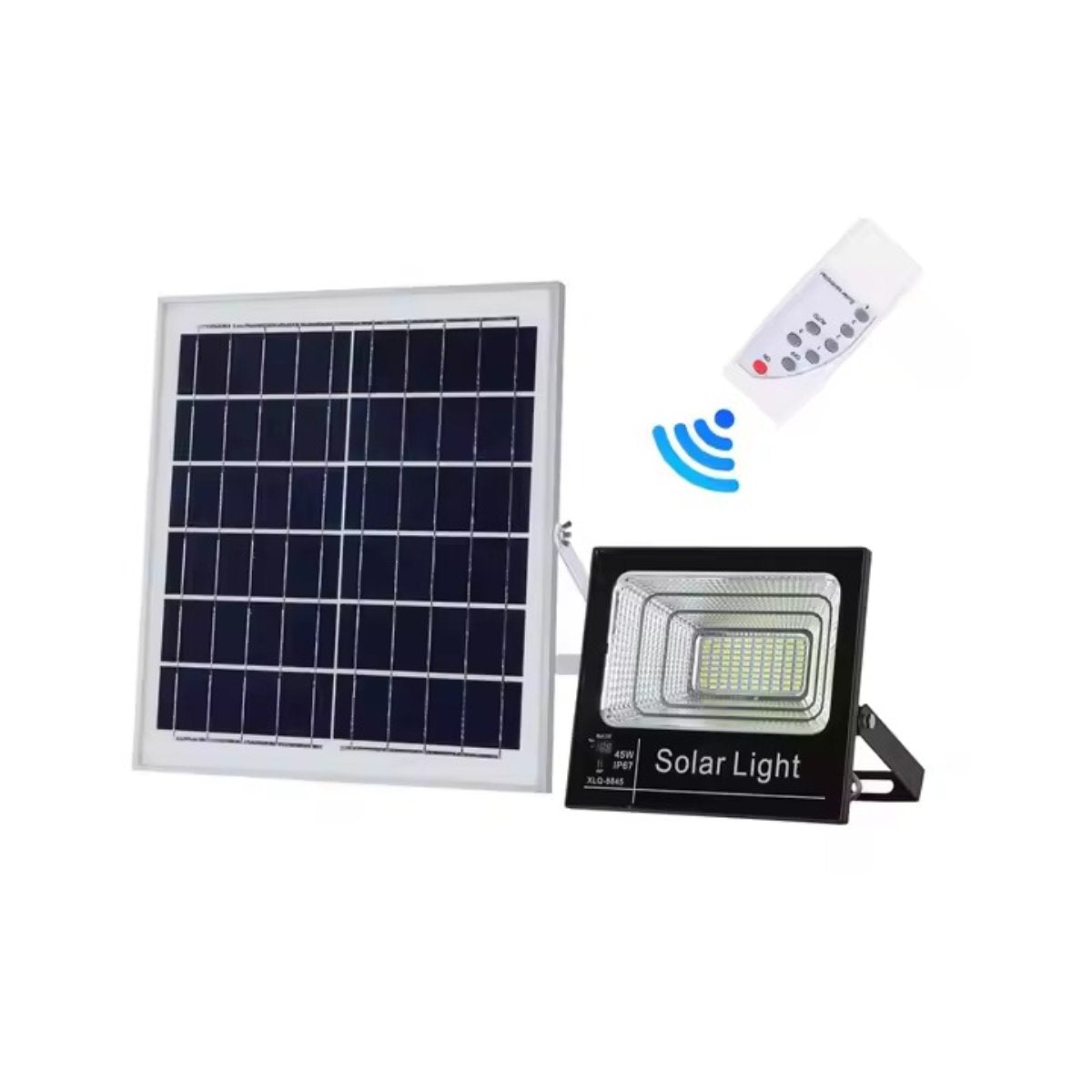 Luz solar con panel y mando a distancia. Luz con texto 'Solar Light', sobre fondo blanco.