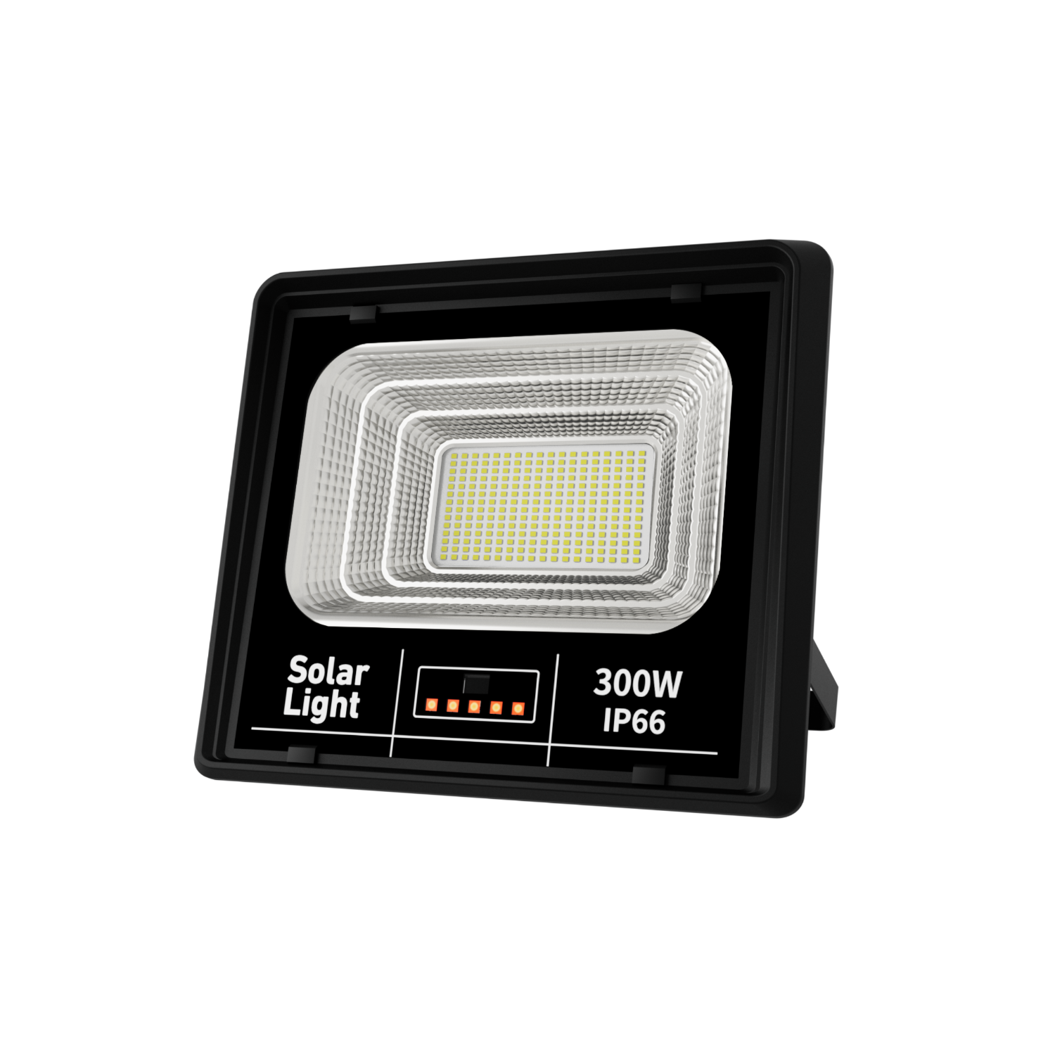 Luce solare nera con LED bianchi. Il testo dice 'Solar Light 300W IP66'.
