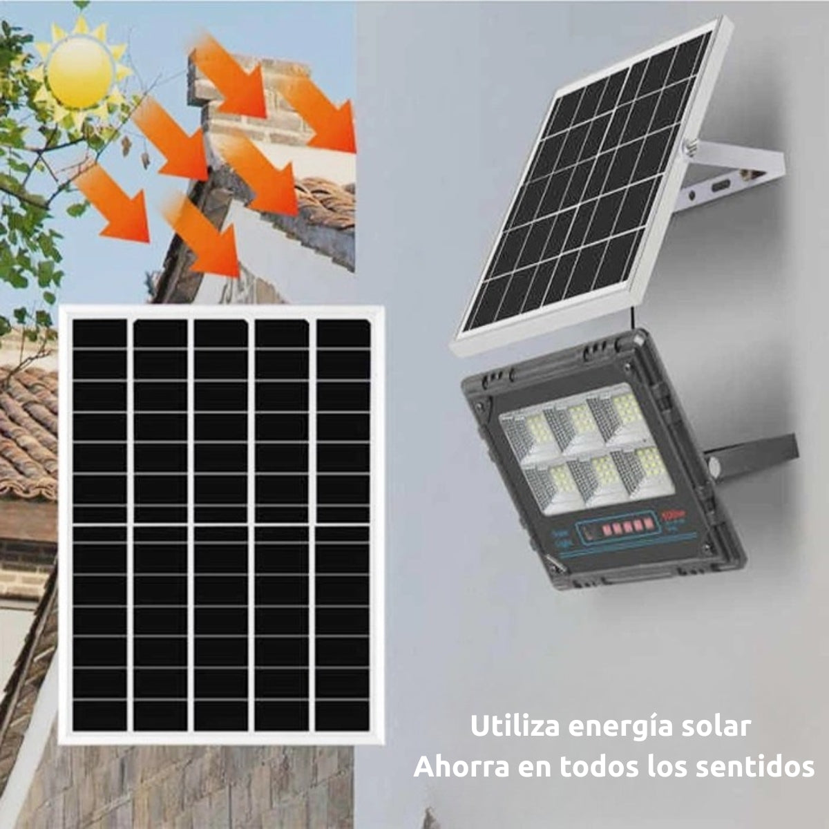 Panel solar y luminaria. Imagen muestra sol y texto sobre el uso de energía solar y ahorro.