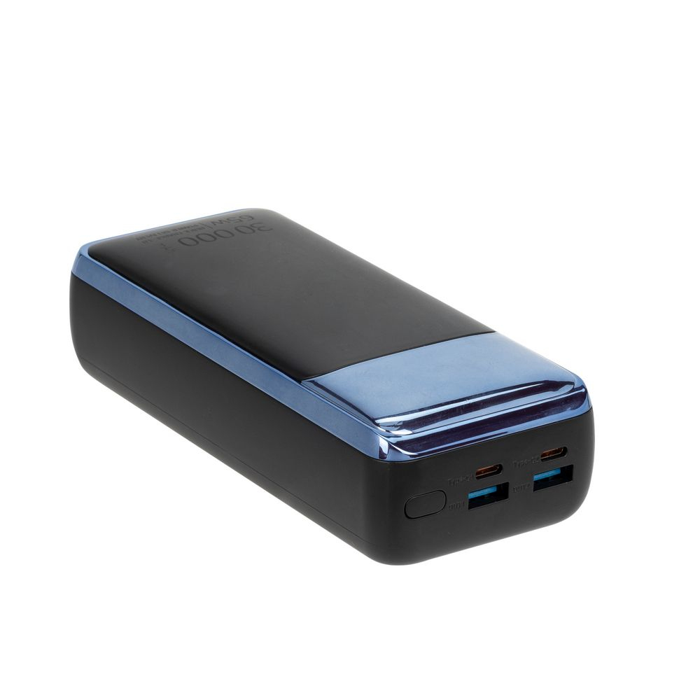 Een zwarte en blauwe powerbank met USB-poorten.