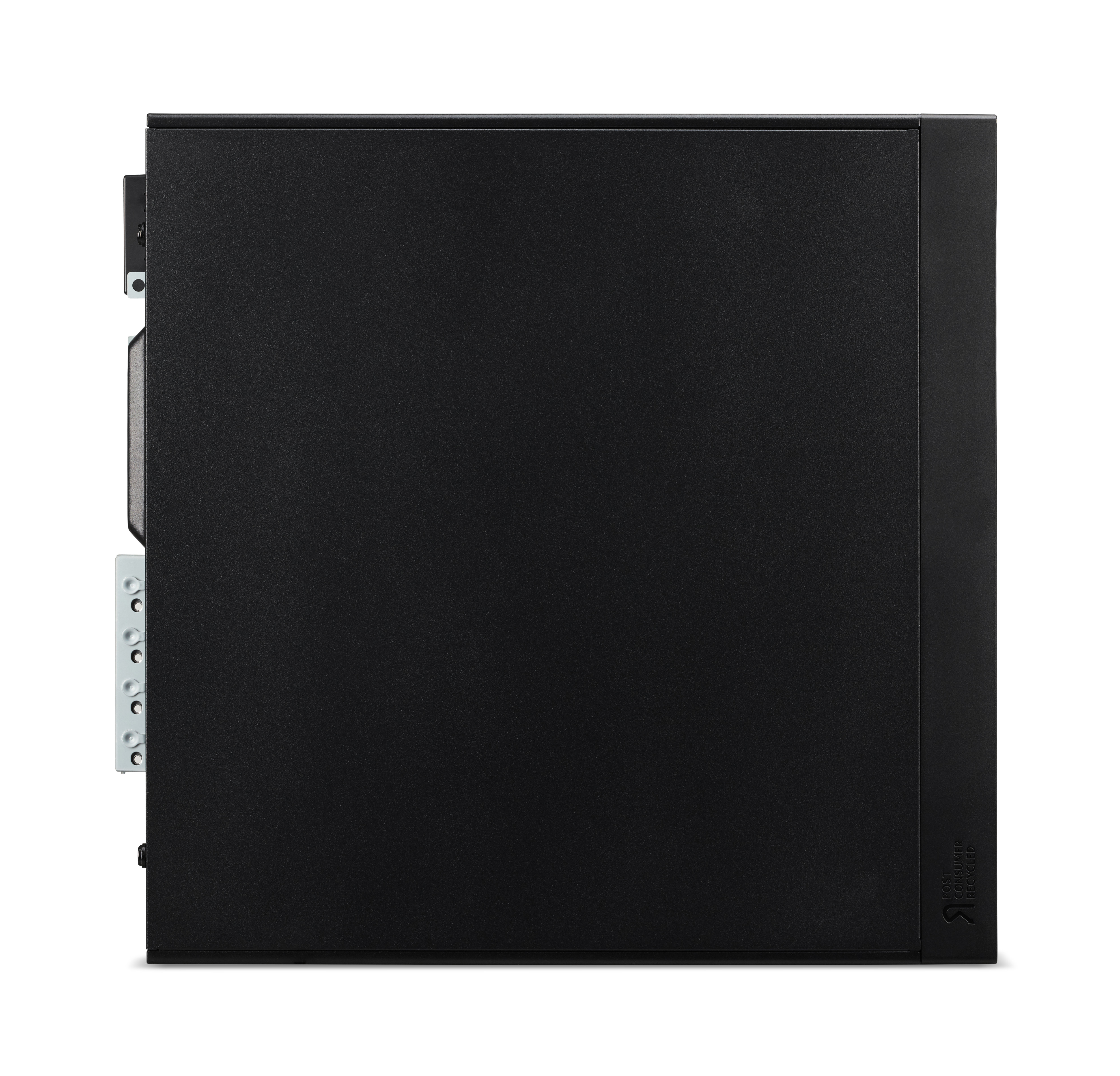 Case nero per computer. Pulsante di accensione, porte USB e pannello frontale a linee.