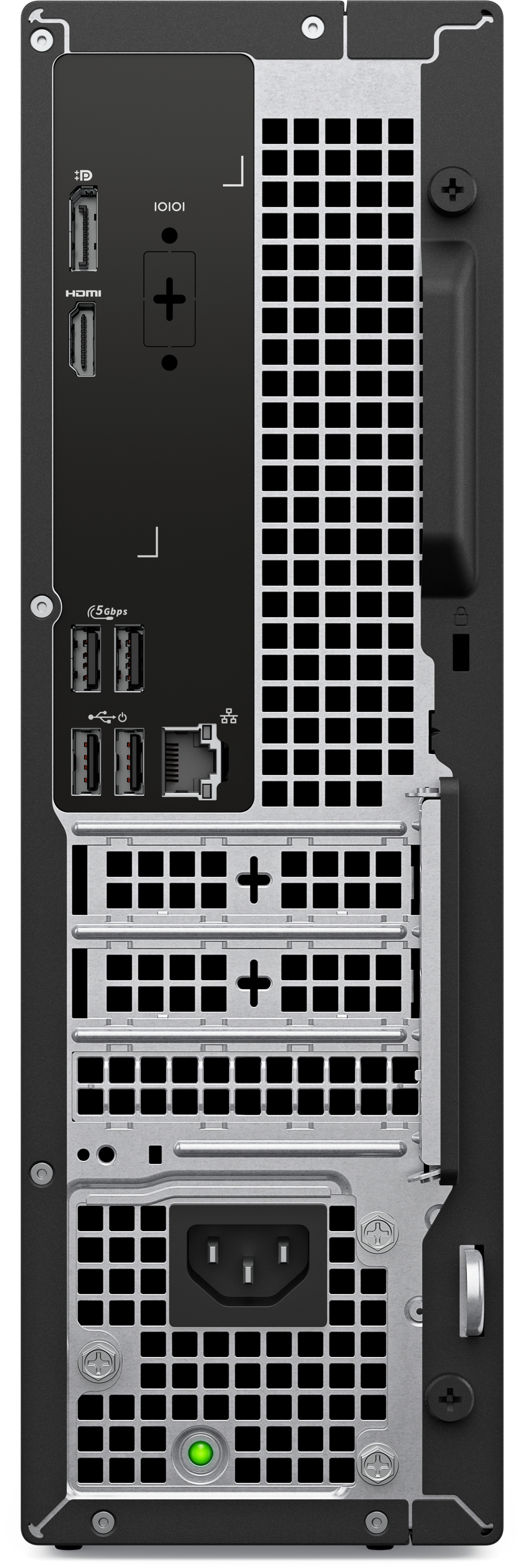 Tył czarnego komputera stacjonarnego z wieloma portami, otworami wentylacyjnymi i złączem zasilania.