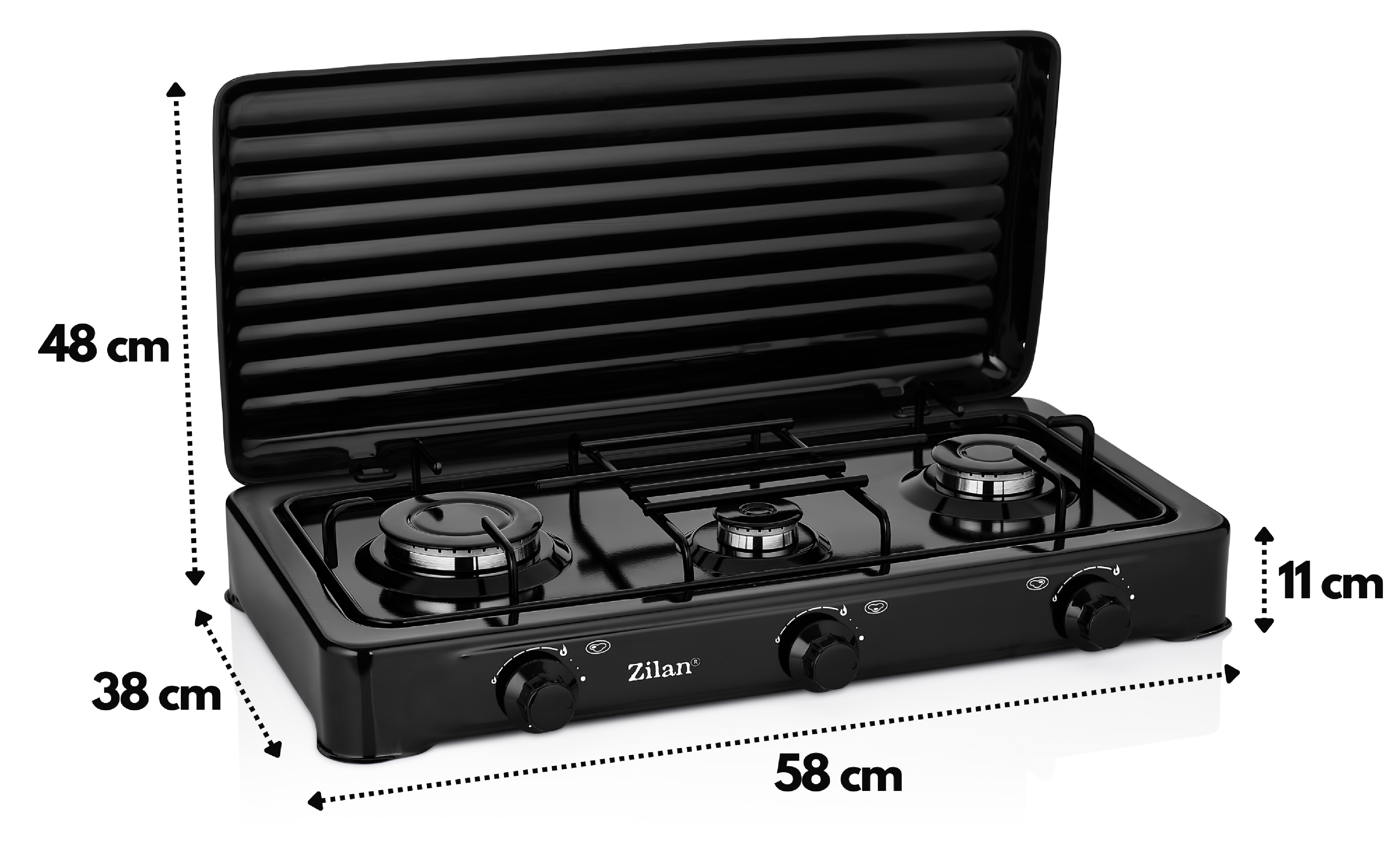 Czarna kuchenka gazowa z trzema palnikami o wymiarach: 48 cm wysokości, 38 cm szerokości, 58 cm długości.