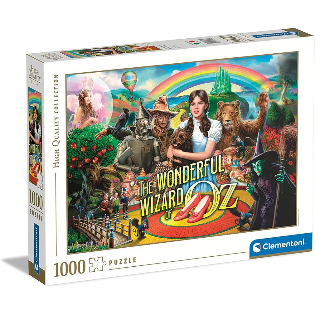 Una scatola di puzzle a tema Il Mago di Oz. Presenta vari personaggi e un arcobaleno.