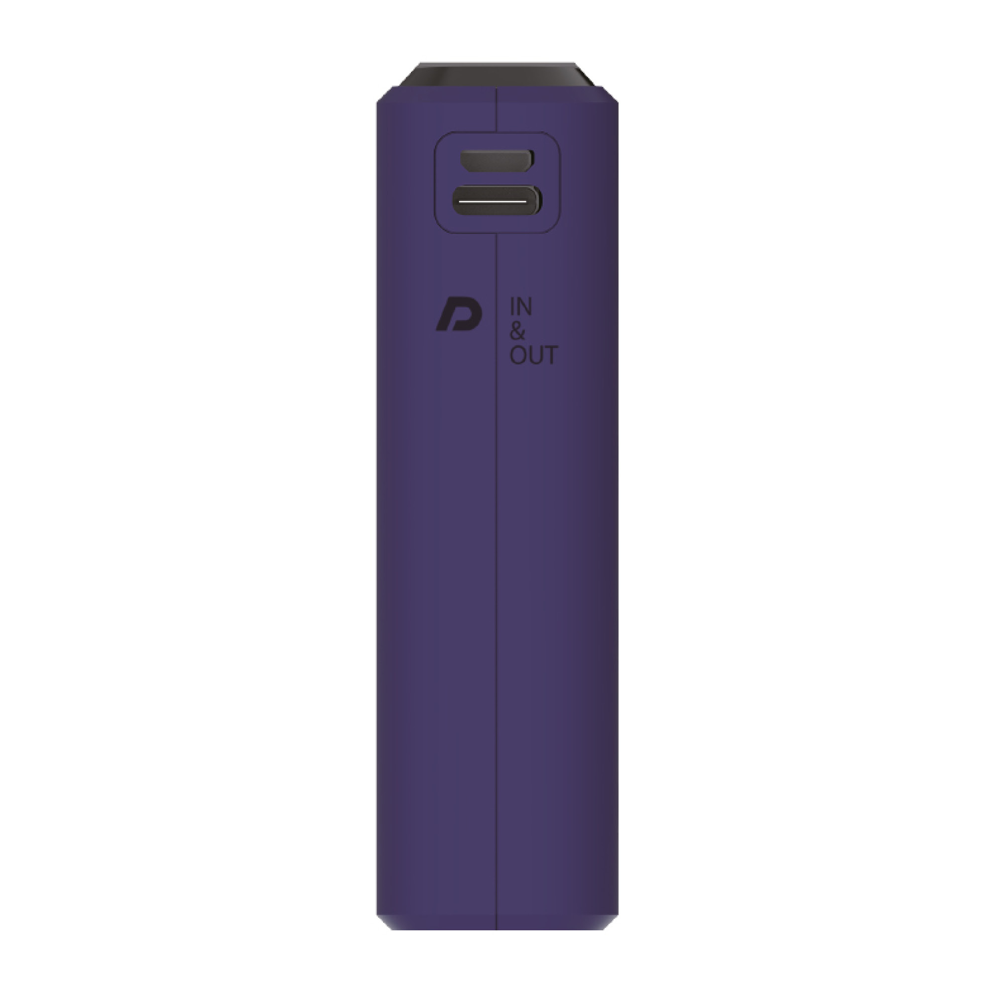 Power bank viola con porte in/out, parte superiore e inferiore nere, sfondo bianco.
