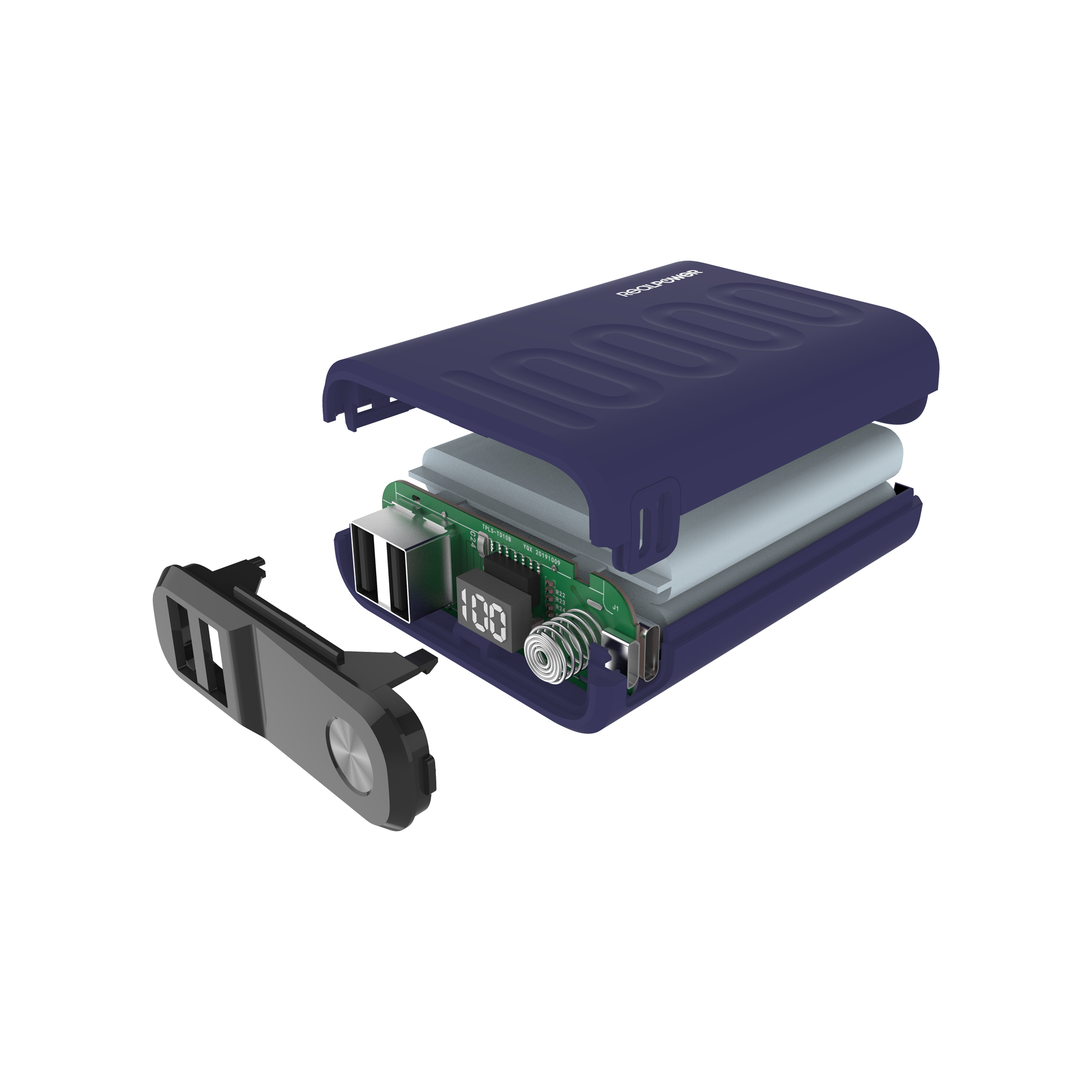 Power bank blu navy, smontato, con componenti interni visibili.