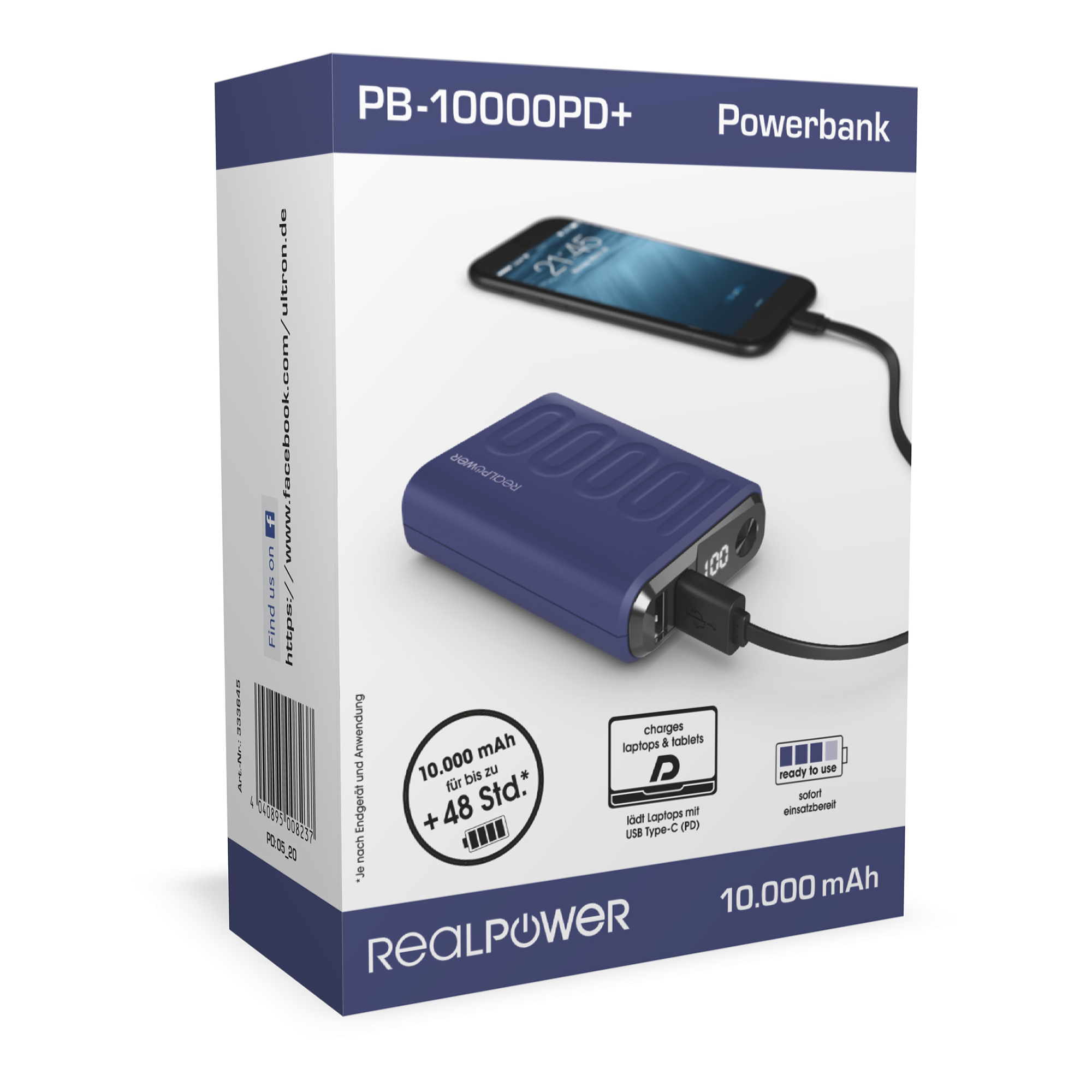 Scatola del powerbank Realpower blu. Un telefono è collegato. Testo e grafica sulla scatola.