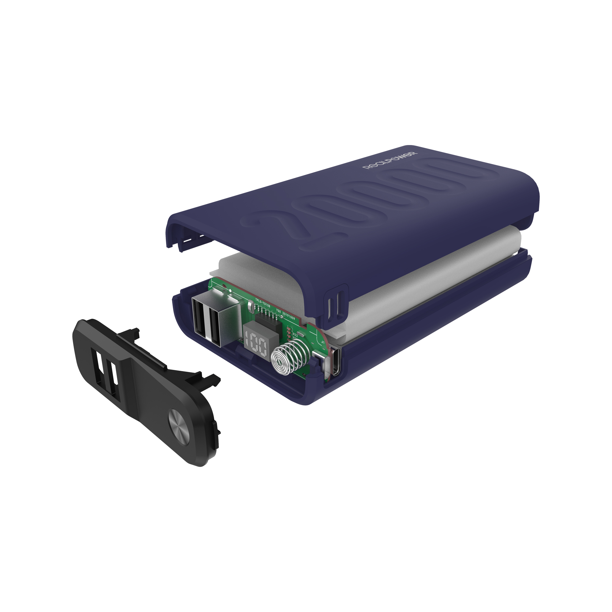 Un power bank blu navy, parzialmente aperto, che rivela componenti interni e un display digitale.