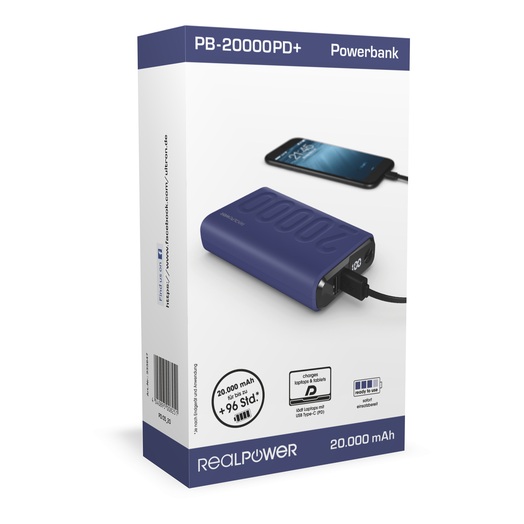 Scatola powerbank. Power bank blu con un telefono in carica. Testo: 20.000 mAh.