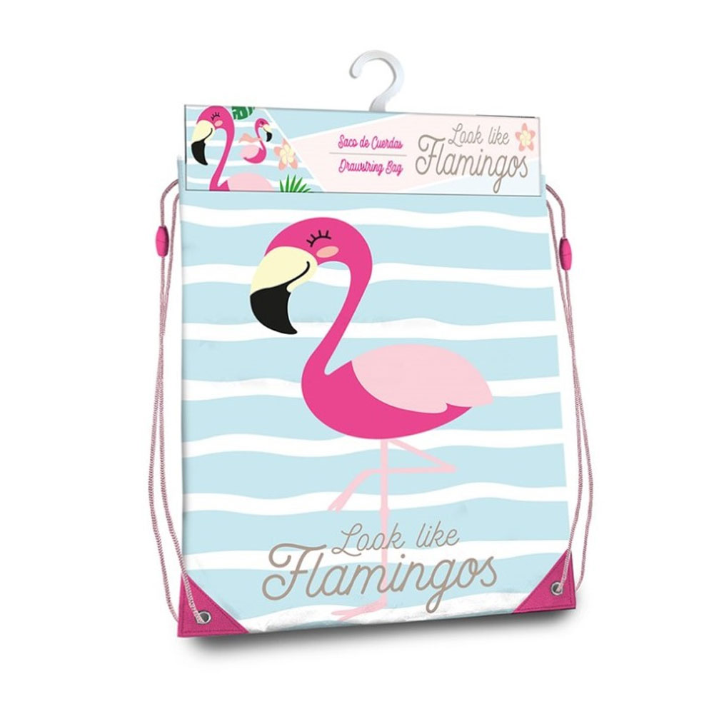 Ein pinkfarbener Kordelzugbeutel mit Flamingo-Design, Flamingo-Illustration und Text.