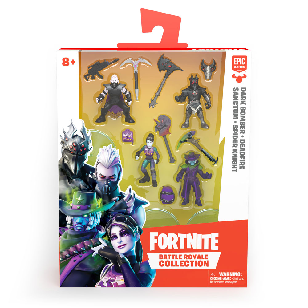 Ein Fortnite-Spielzeugset mit mehreren Figuren, Waffen und Zubehör in einer Box mit Text und Bildern.