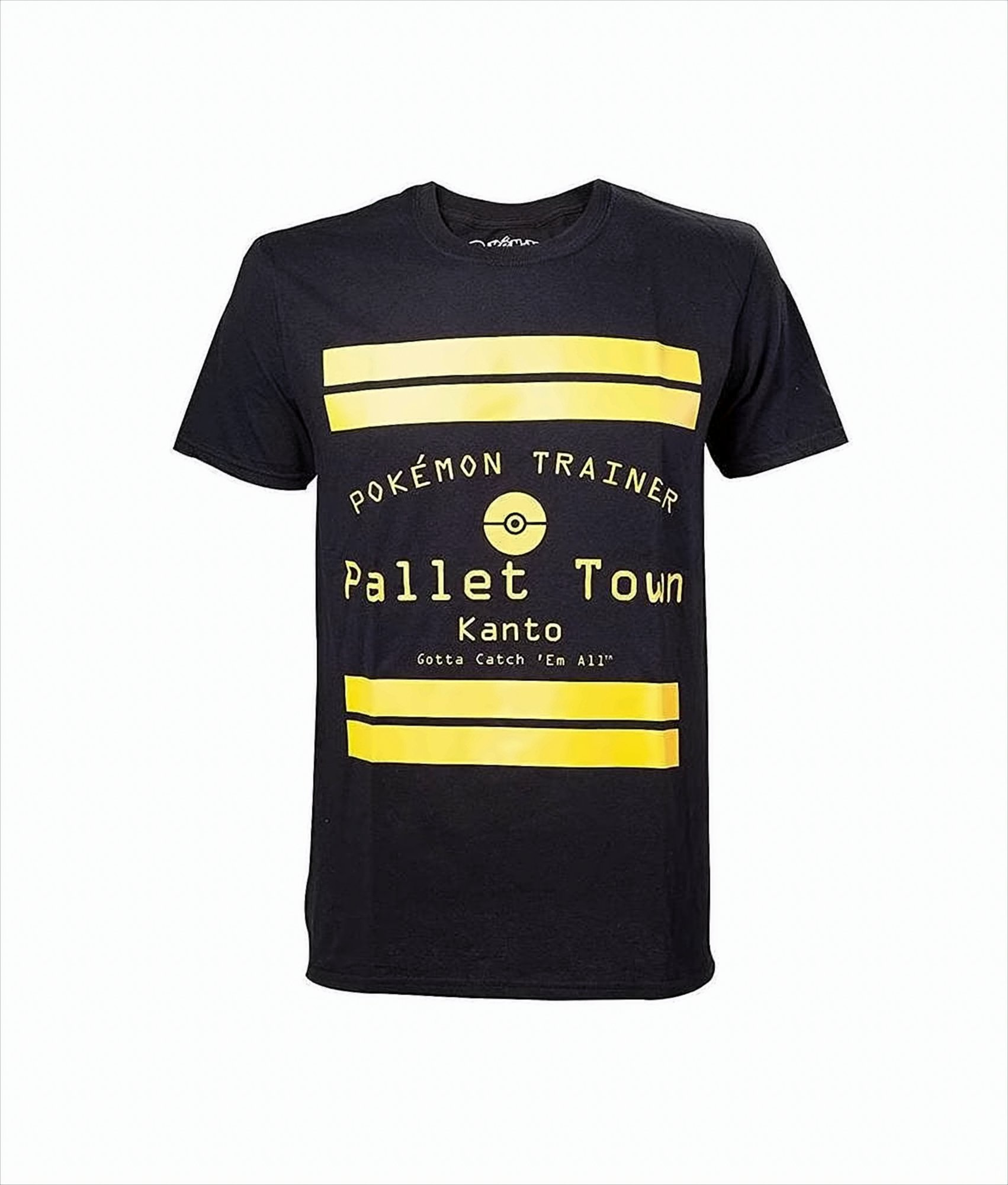 Ein schwarzes T-Shirt mit gelben Streifen und dem Text: „Pokemon Trainer Pallet Town Kanto Gotta Catch 'Em All“.