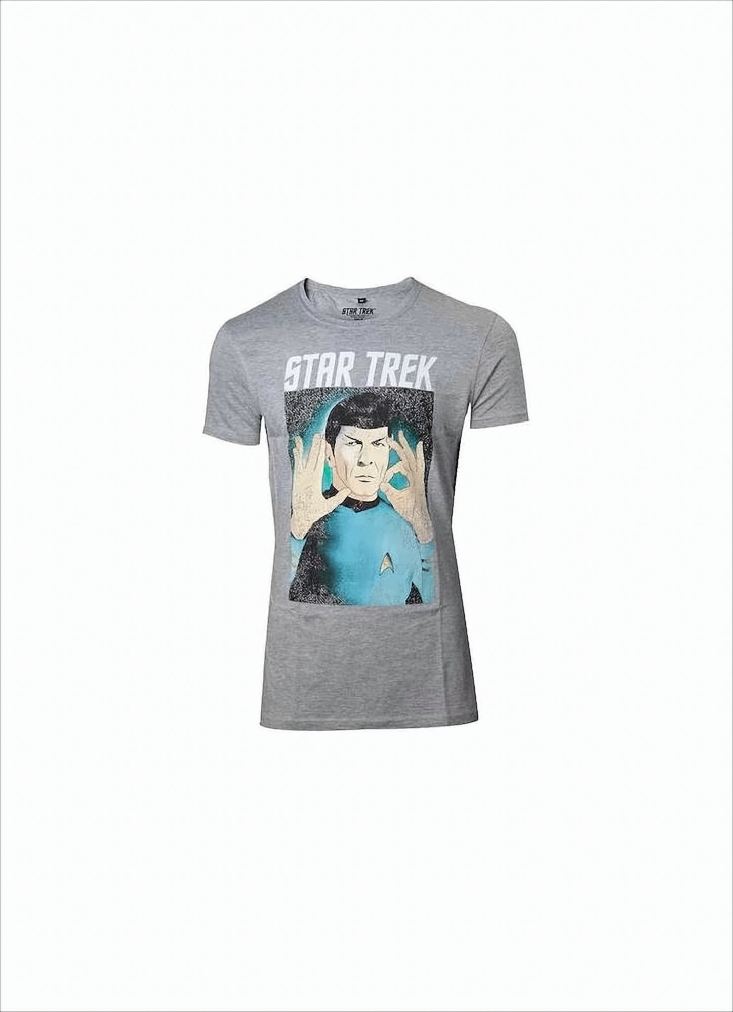 Ein graues Star Trek T-Shirt mit einer Grafik von Spock, der den vulkanischen Gruß macht, vor weißem Hintergrund.