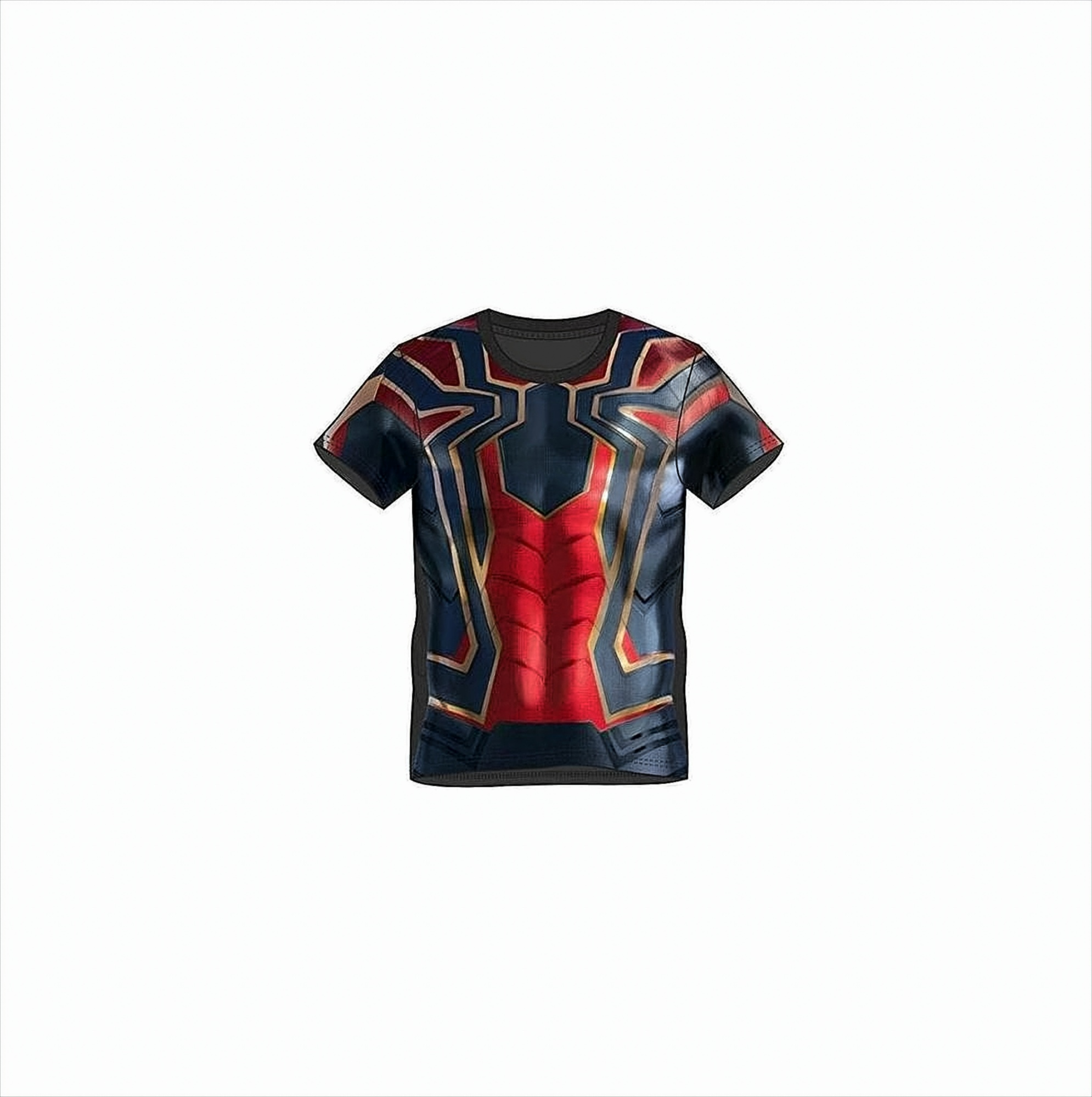 Ein T-Shirt mit blauem und rotem Design mit goldenen Details. Nahaufnahme auf weißem Hintergrund.
