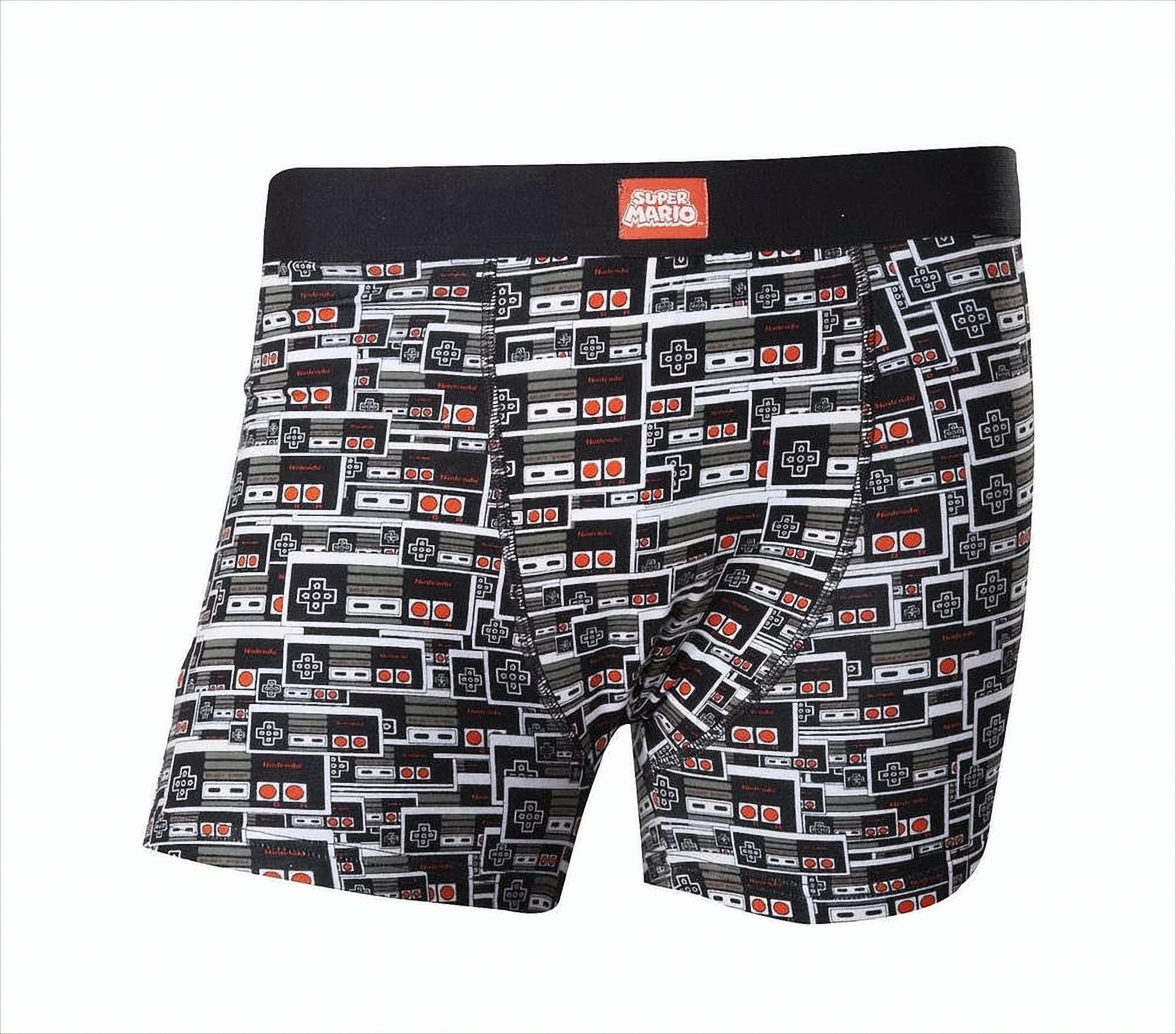 Boxershorts mit einem Muster aus Retro-Spielcontrollern in Schwarz, Grau und Orange auf weißem Hintergrund.