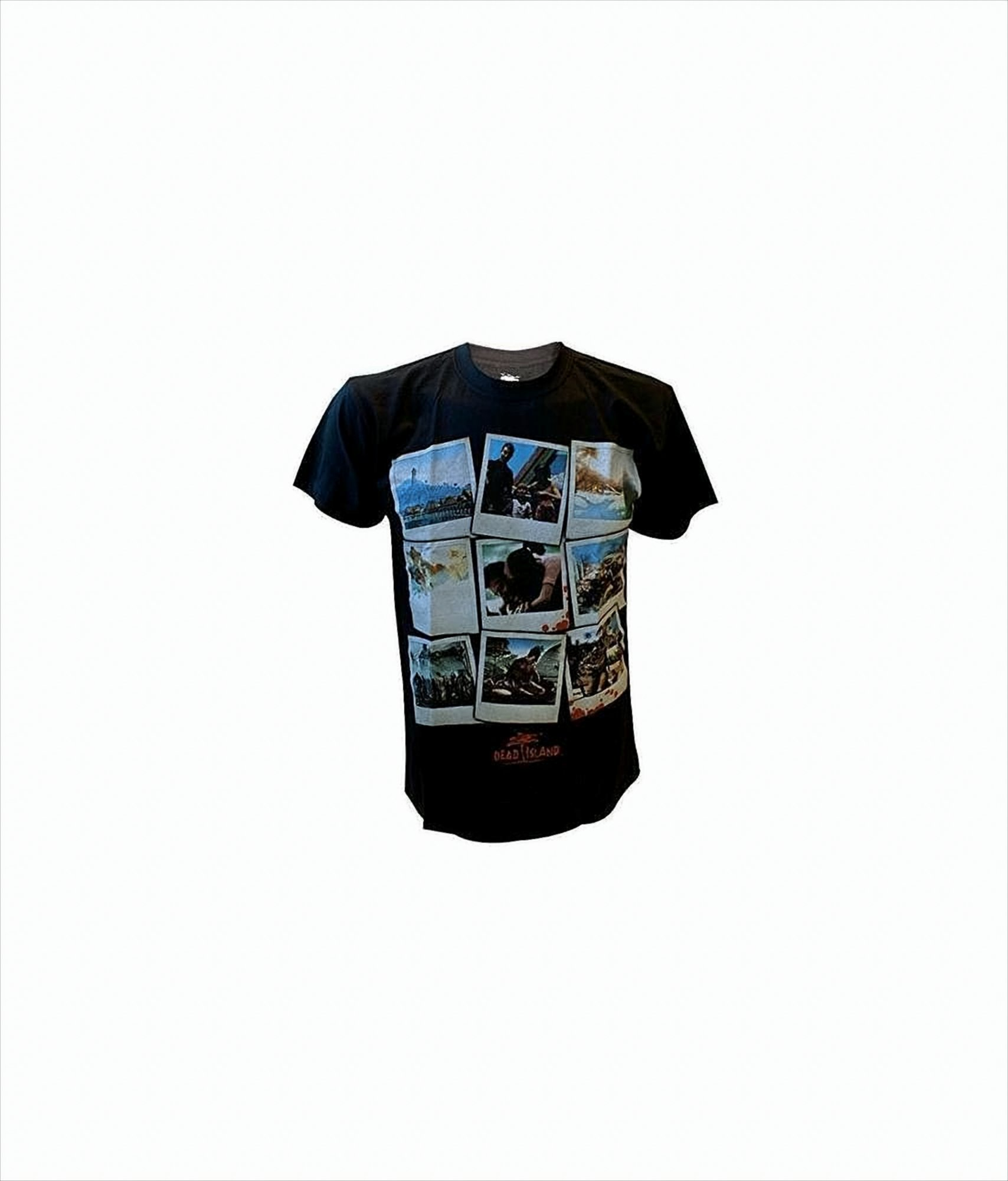 Schwarzes T-Shirt mit mehreren Bildern von Dead Island. Weißer Hintergrund.