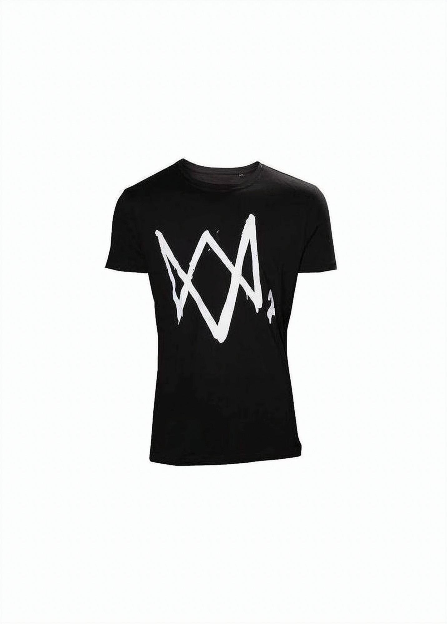 Schwarzes T-Shirt mit einem weißen Logo. Weißer Hintergrund.