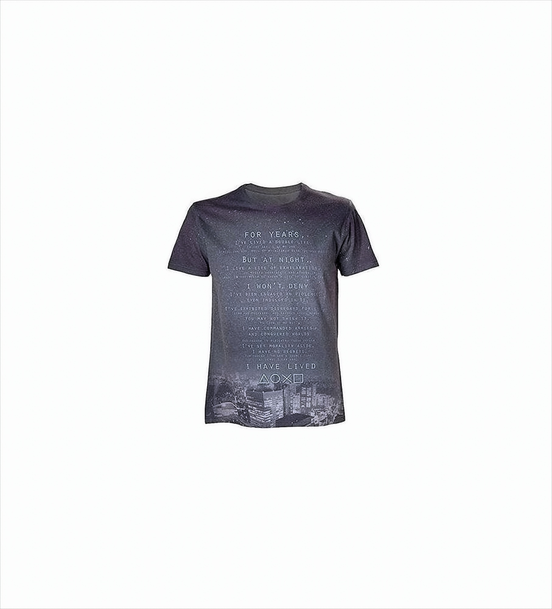 Ein graues T-Shirt mit Text-Overlay und Skyline am unteren Rand auf weißem Hintergrund.