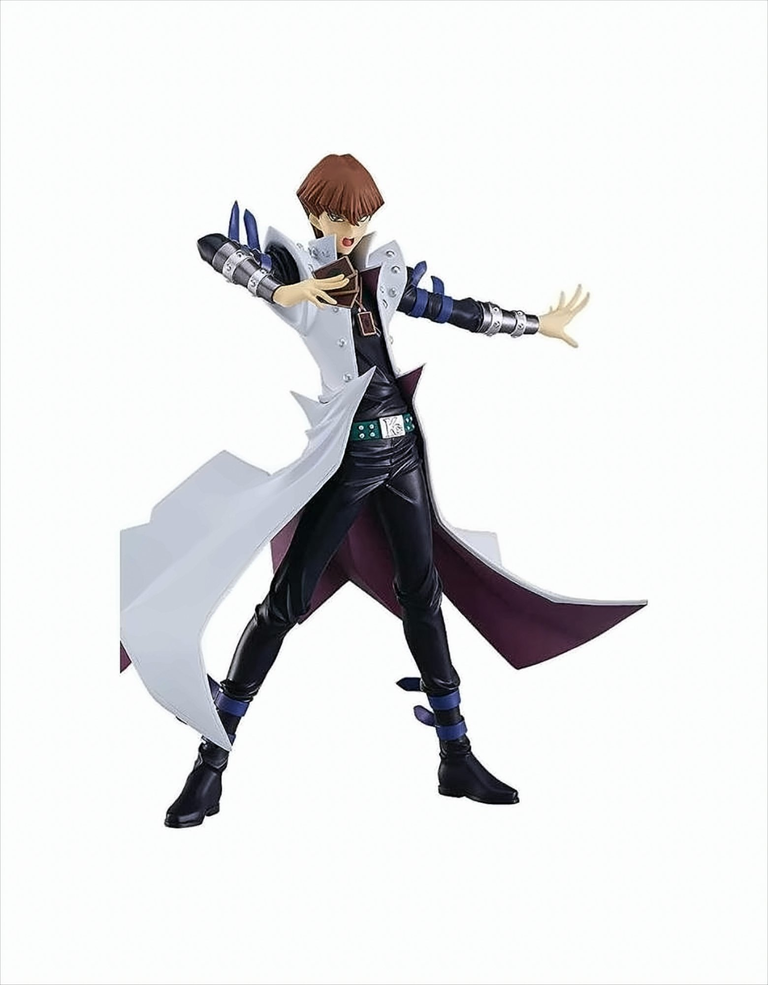 Eine Yu-Gi-Oh!-Anime-Figur. Ein Mann in einem weißen Mantel posiert. Weißer Hintergrund.