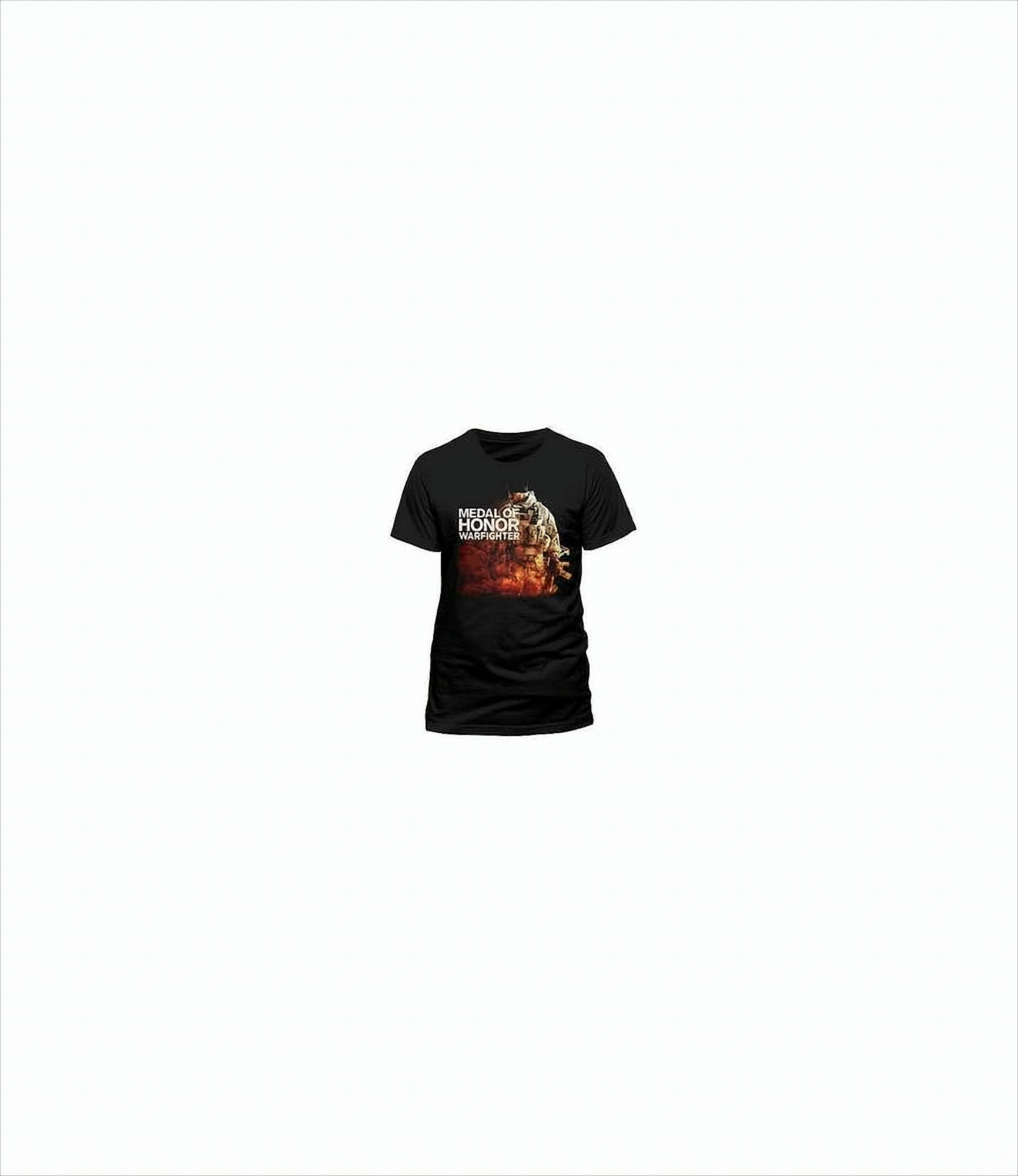 Ein schwarzes T-Shirt mit einer Medal of Honor-Grafik auf der Vorderseite vor weißem Hintergrund.