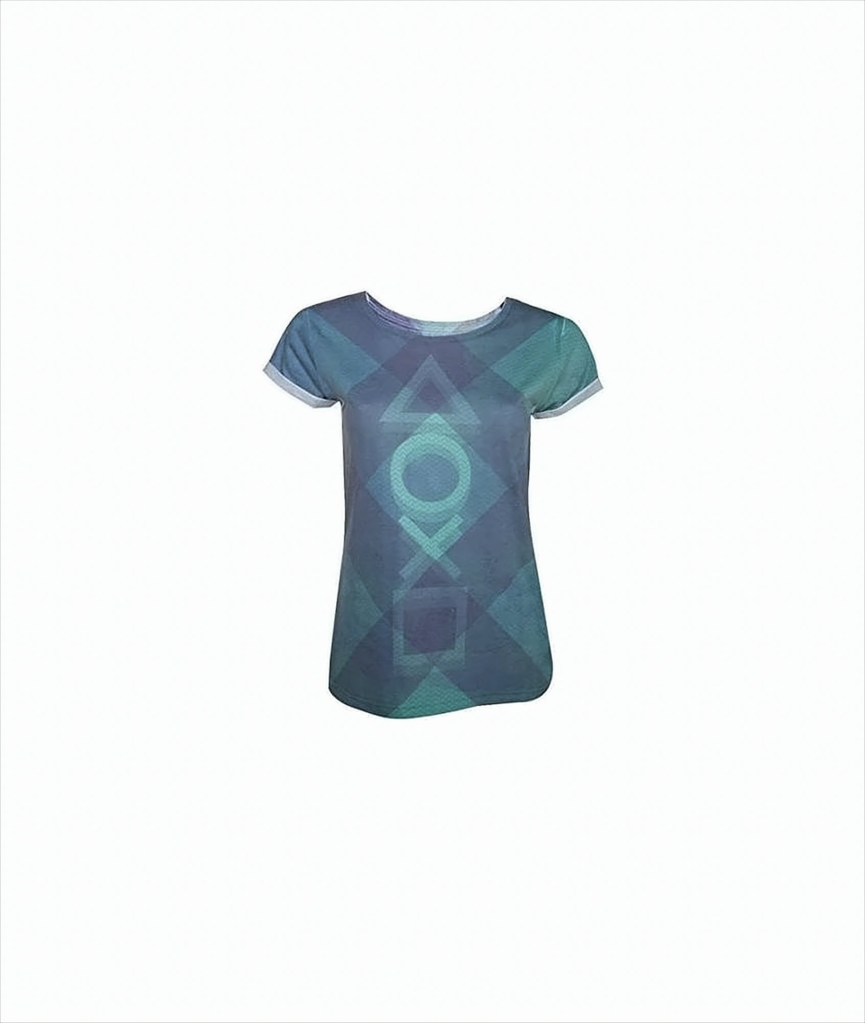 Ein blaues T-Shirt mit Rautenmuster und Playstation-Controller-Symbolen auf Weiß.