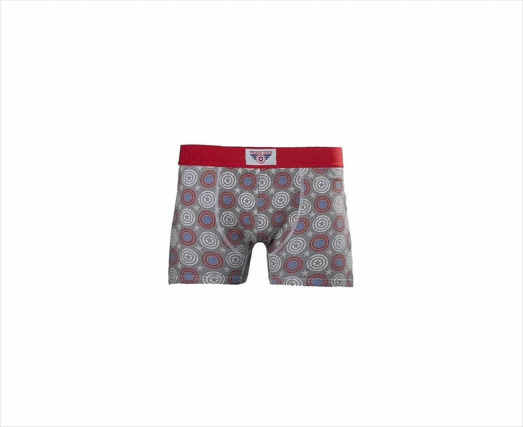 Graue Boxershorts mit einem sich wiederholenden Muster von Captain Americas Schild und Sternen, roter Bund.