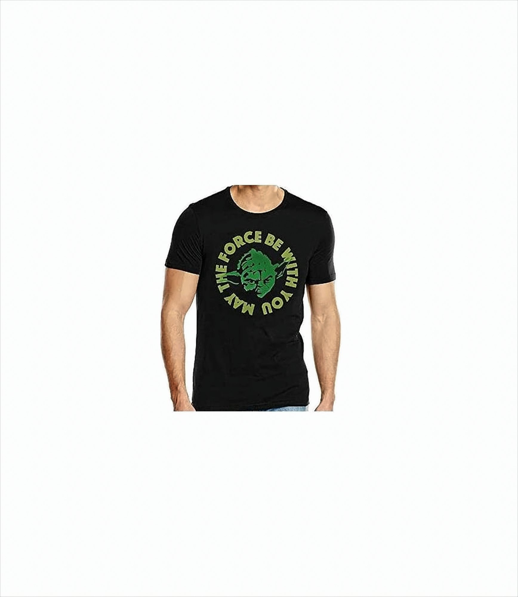 Schwarzes T-Shirt mit einer grünen Yoda-Grafik und den Worten "MAY THE FORCE BE WITH YOU" in Grün.