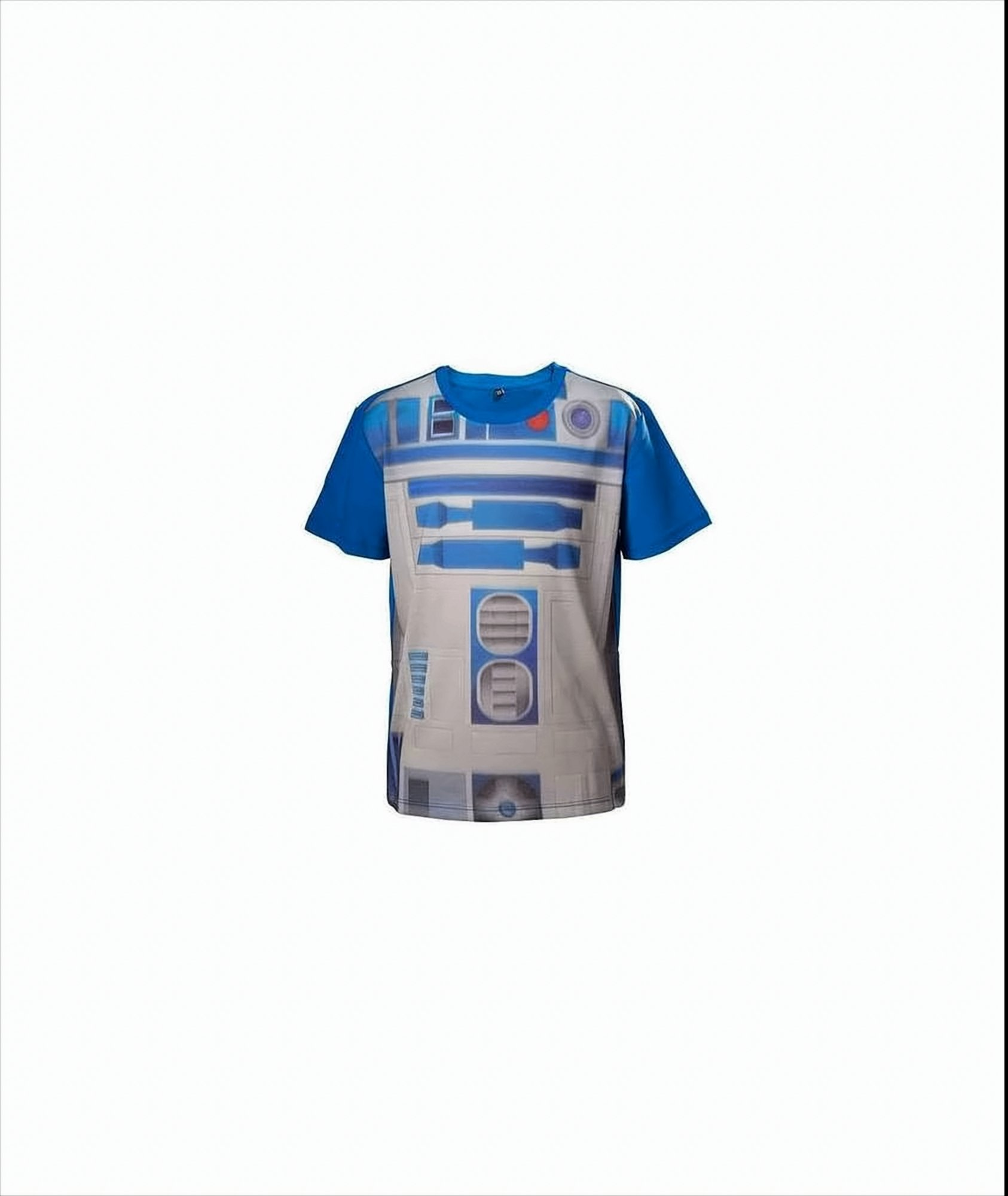 Blaues T-Shirt mit R2-D2s Frontdesign, mit blauen, weißen und grauen Paneelen und Details.
