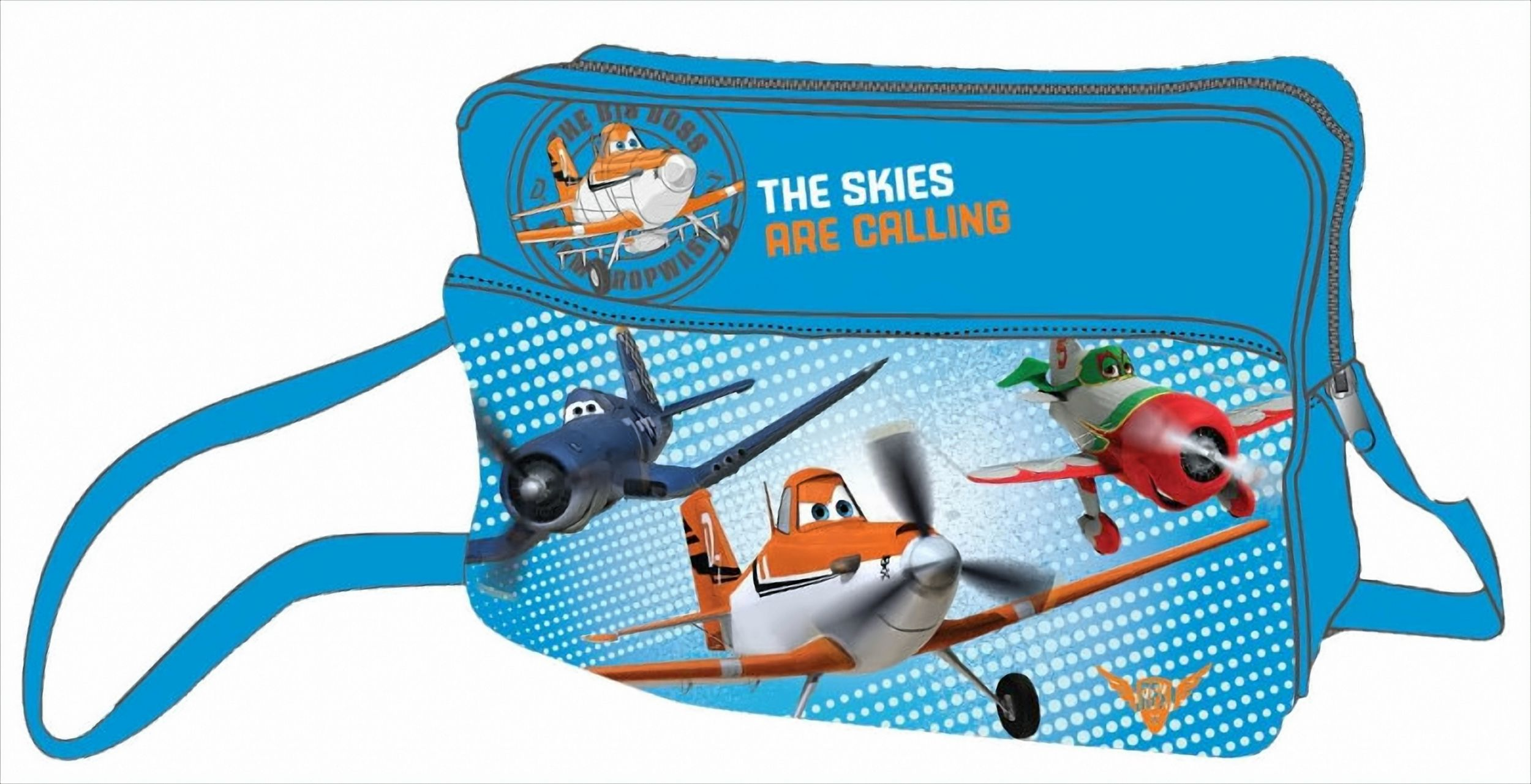 Eine blaue Tasche mit Cartoon-Flugzeugen darauf. Der Satz 'The Skies Are Calling' ist darauf geschrieben.