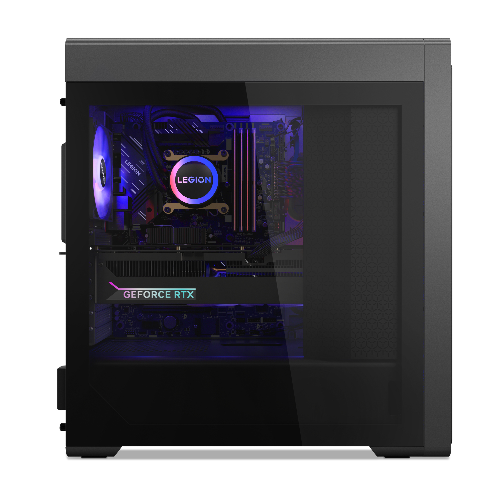 Obudowa komputera do gier z przezroczystym panelem bocznym pokazującym elementy.