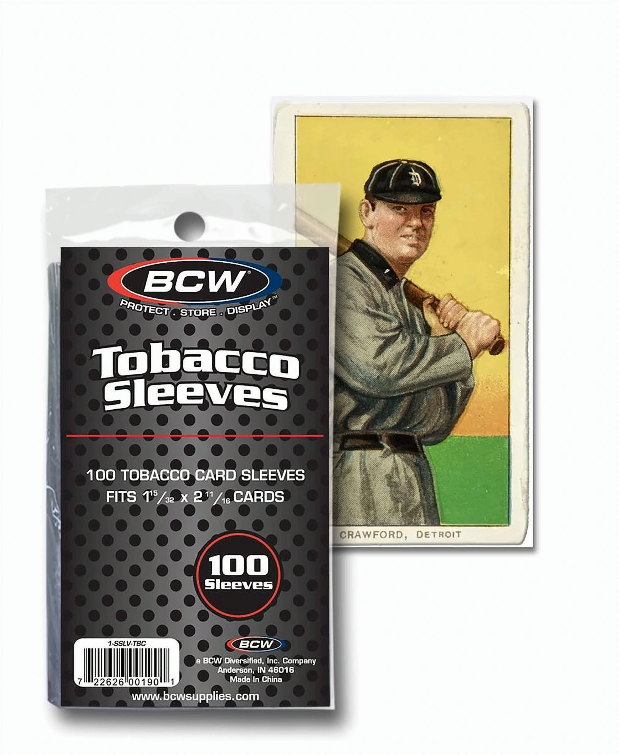 Eine transparente Plastikhülle mit Tabakkarten. Eine Karte mit einem Mann in Baseball-Uniform befindet sich rechts.