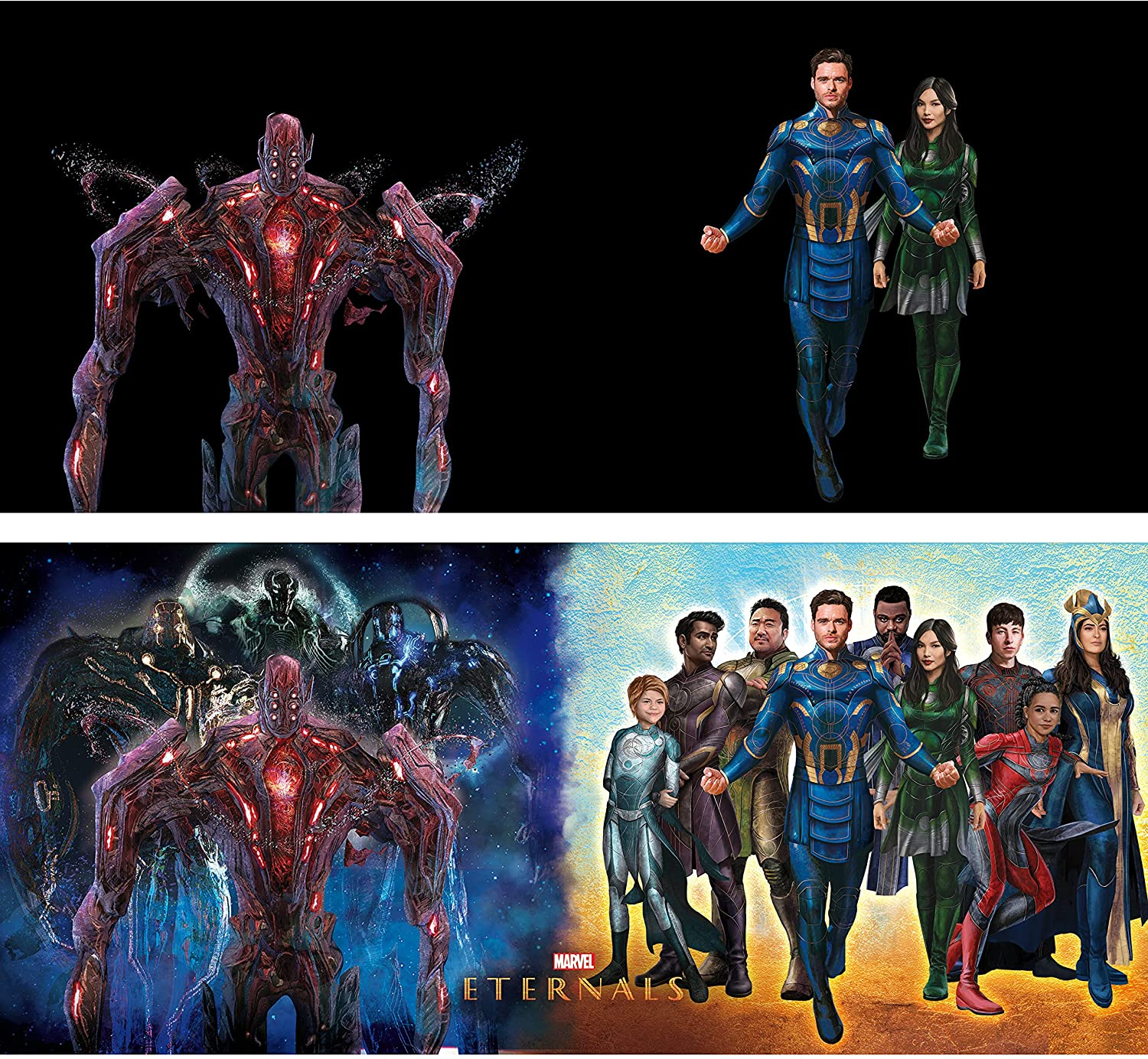Marvel Eternals Filmplakate: ein himmlisches Wesen und die Hauptfiguren in Kostümen.