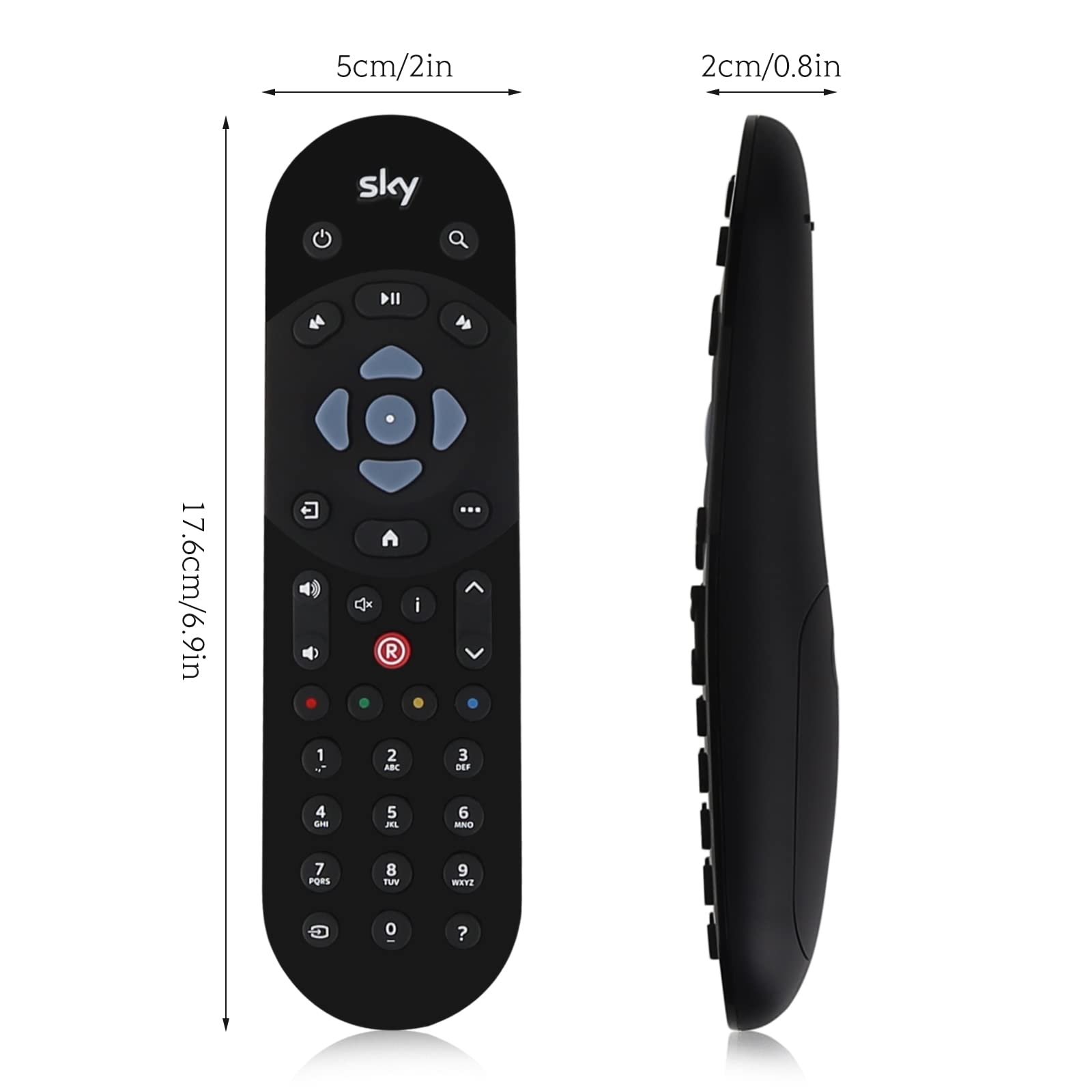 Sky TV-Fernbedienung mit Maßen, schwarze Farbe, Tasten und Logo.