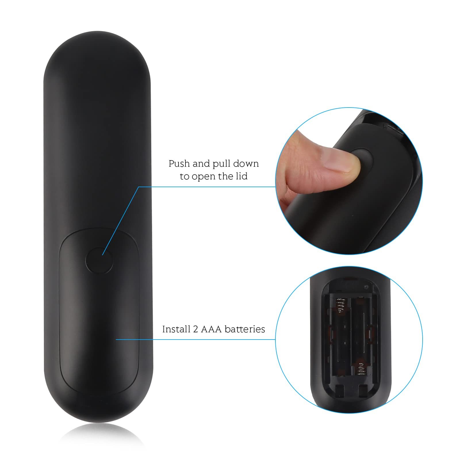 Schwarze Fernbedienung mit kreisförmigen Tasten. Der obere Bereich hat einen Batteriedeckel mit Anweisungen.
