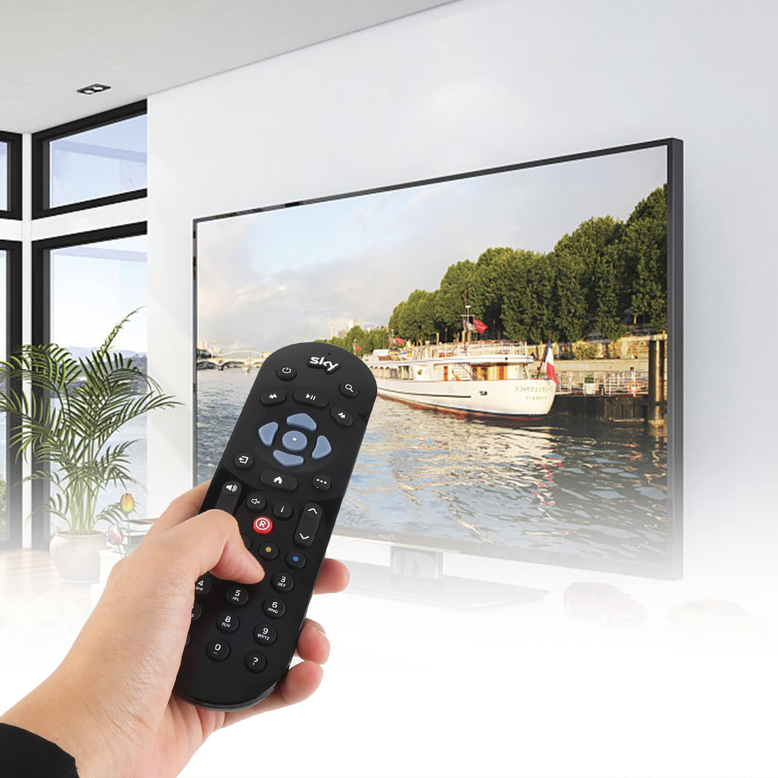 Person hält Sky-Fernbedienung, die auf einen Fernseher mit Boot zeigt.