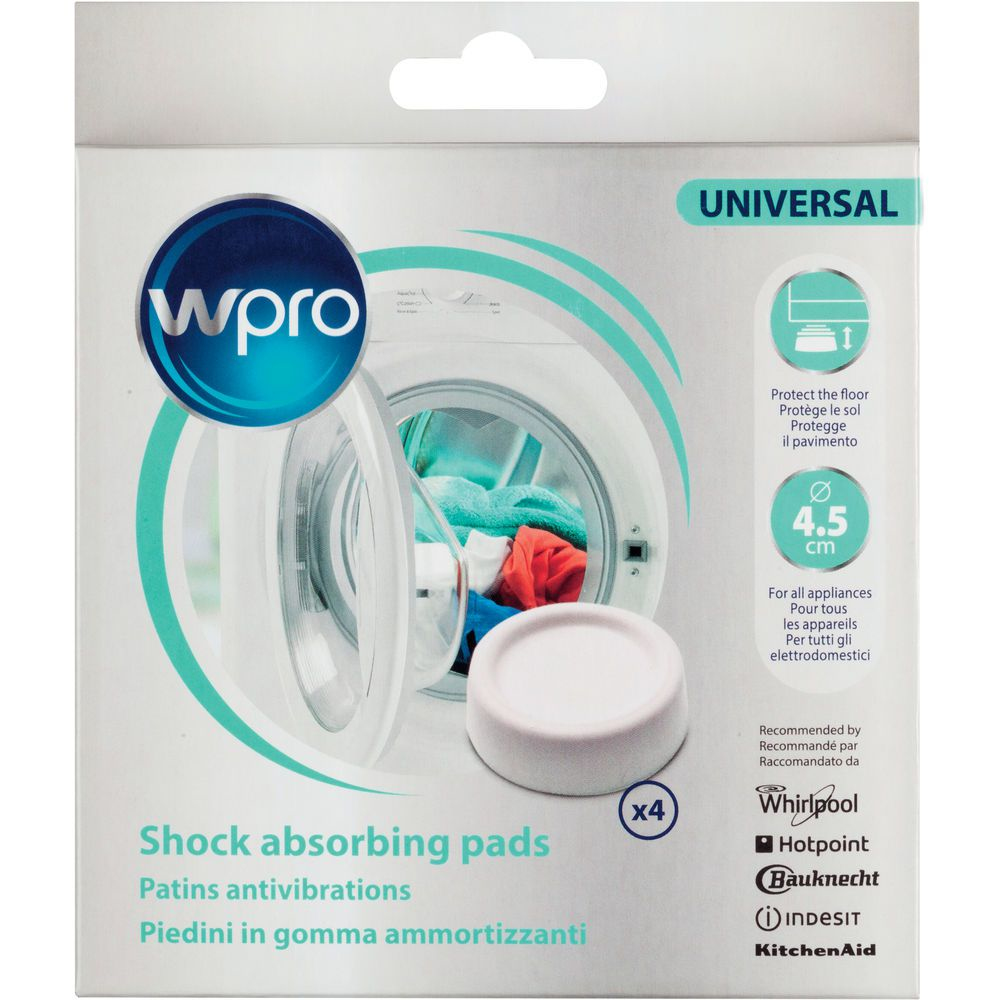 Stoßdämpfende Pads in einer weißen Schachtel, mit Waschmaschine und Text.